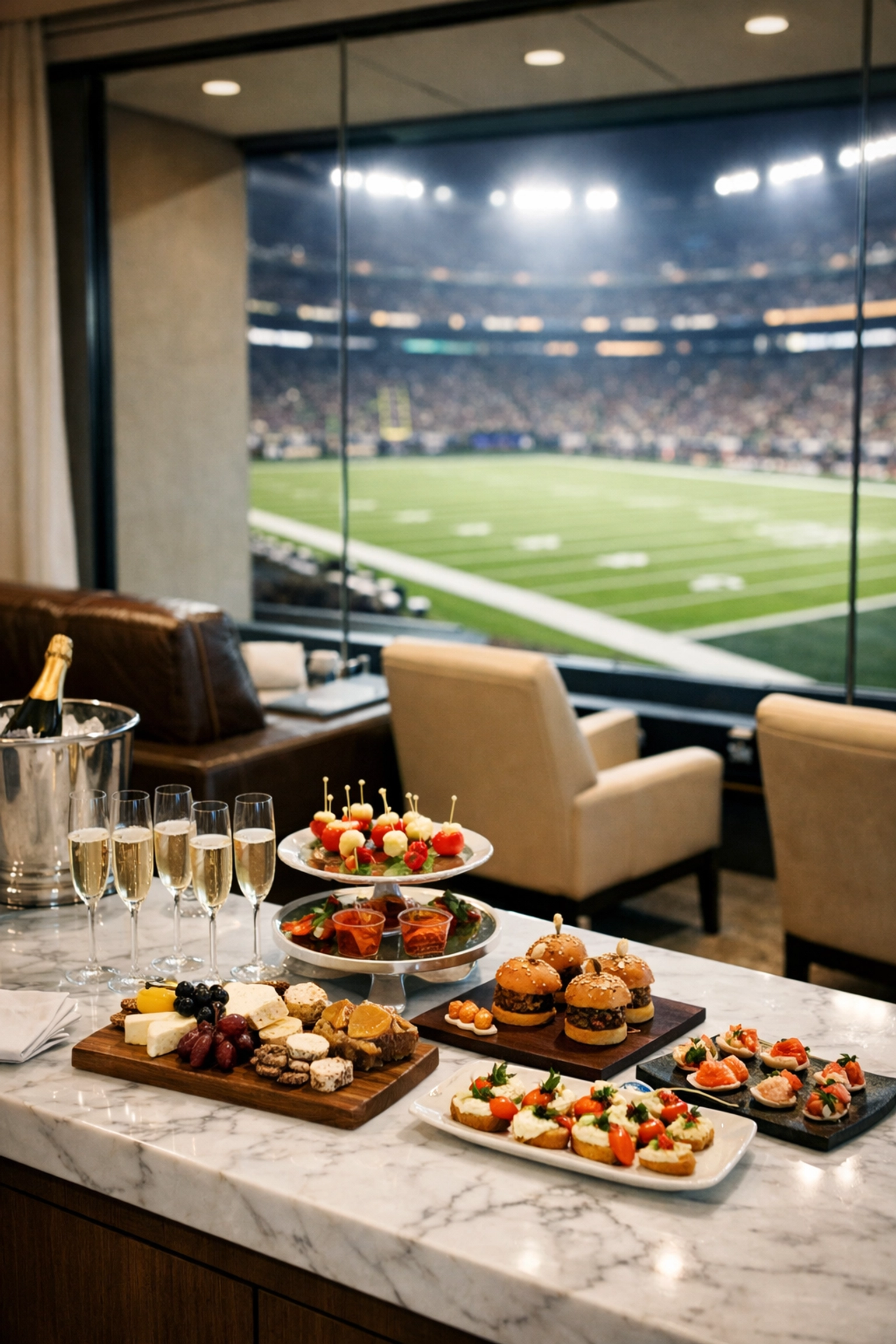 Luxury Super Bowl stadium suite featuring gourmet catering and a field-level view for VIP guests.