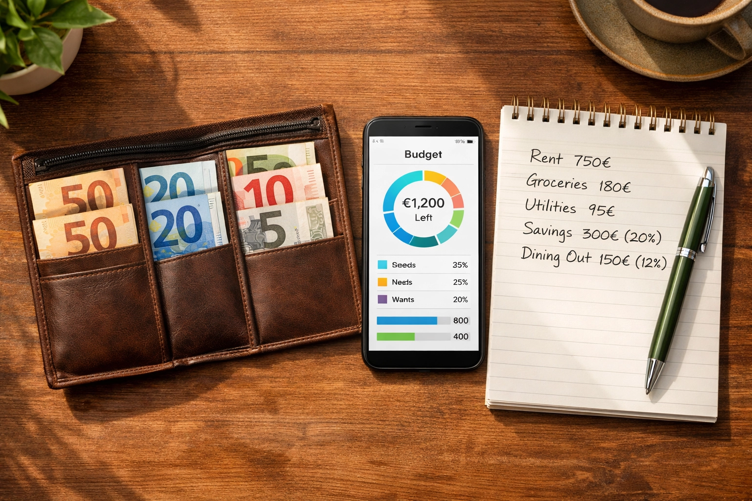 Bankroll-Budget organisiert mit Geldbörse, Euro-Scheinen und Finanzplanung auf Smartphone