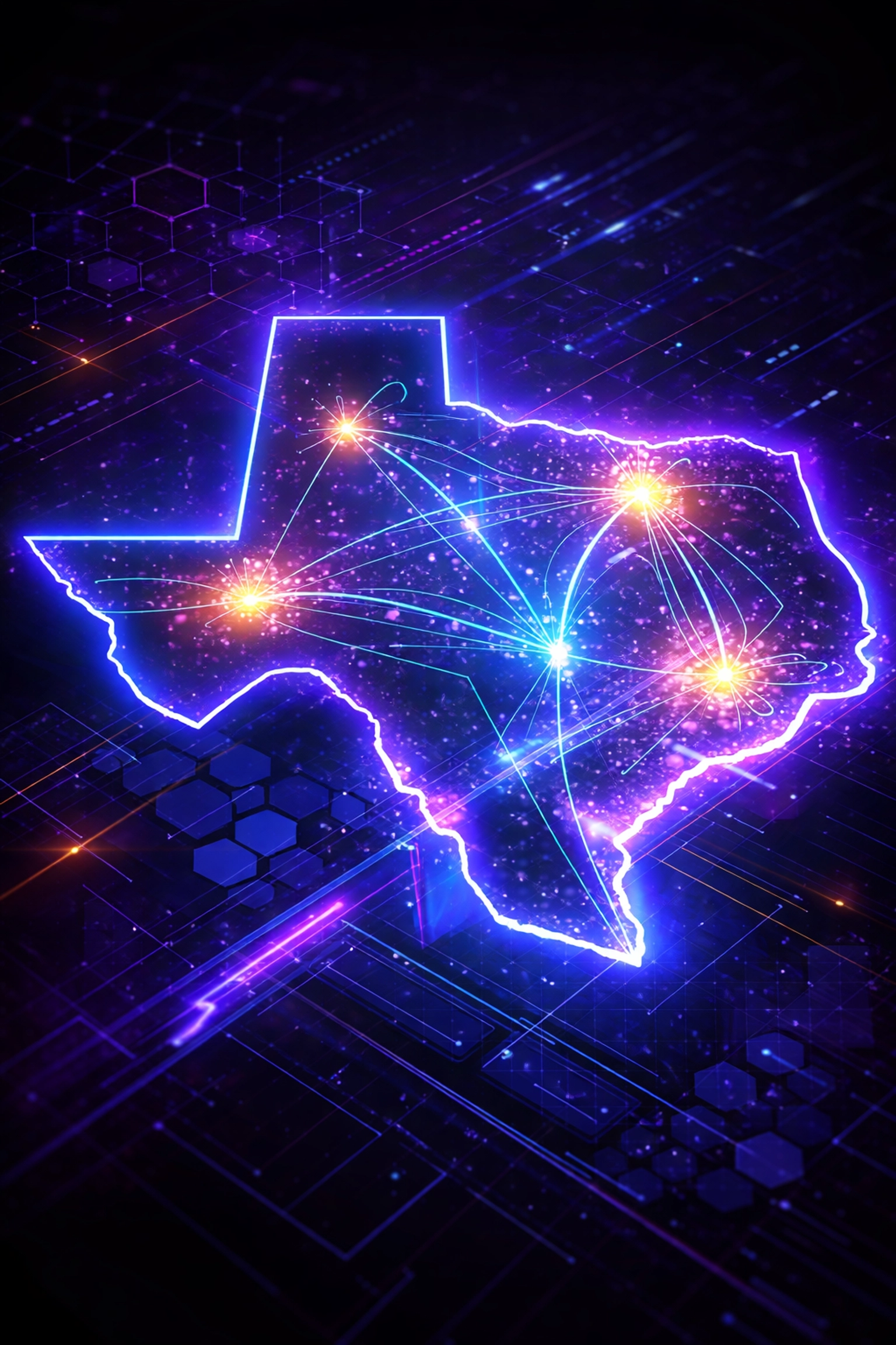 Futuristic map of Texas highlighting major cities and AI network connections, illustrating Texas’s digital economy growth in 2026.