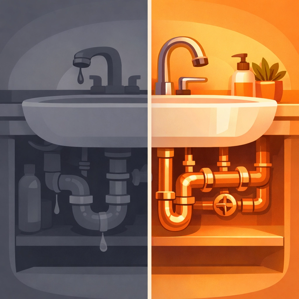Comparison of old and new plumbing pipes using a contractor before and after photo app.