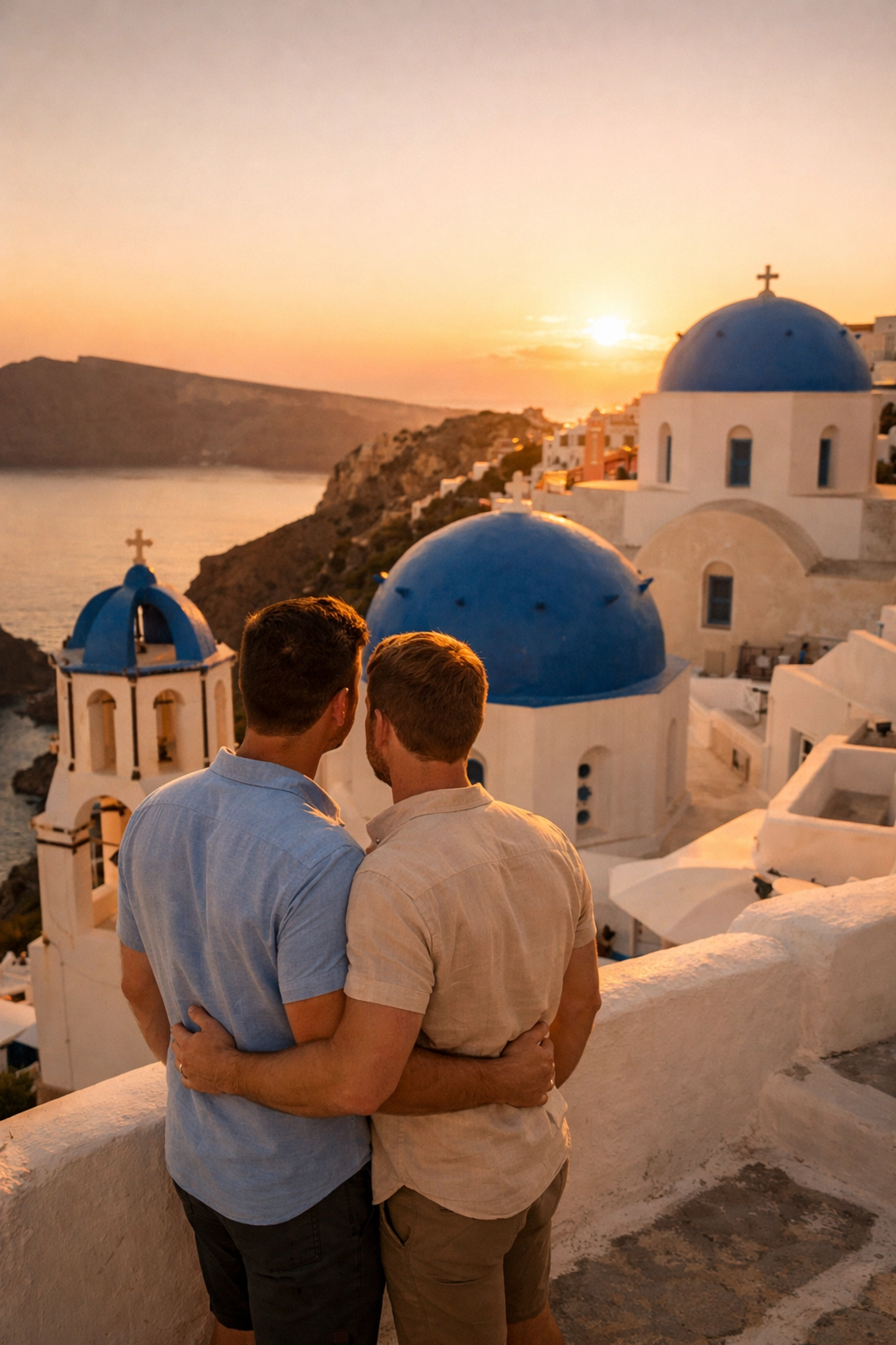 Gay couple embracing on Santorini terrace overlooking iconic blue-domed churches and Aegean Sea