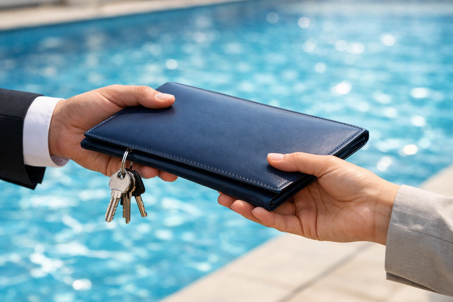 Closing a deal to sell my pool route with a professional folder and key handoff at poolside.