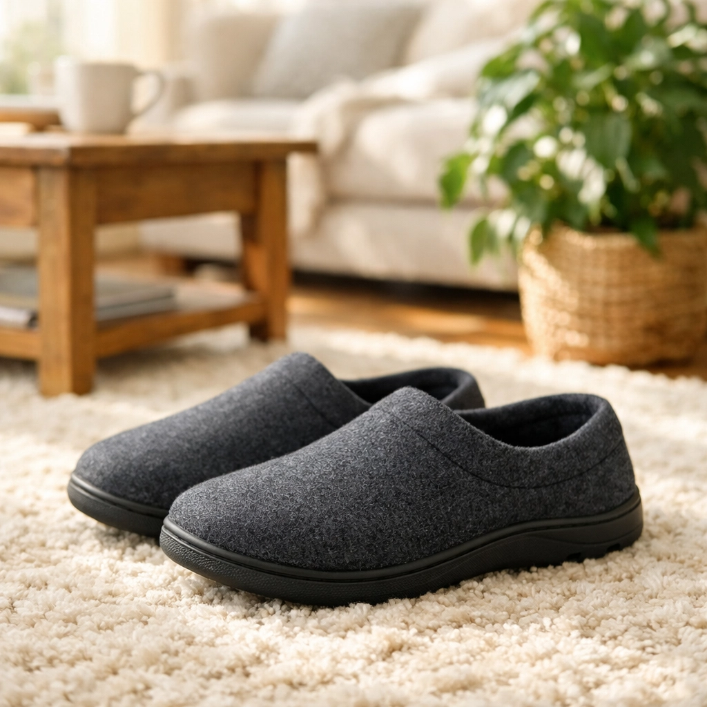 Supportive grey house shoes with closed backs placed on a living room rug for indoor senior safety.