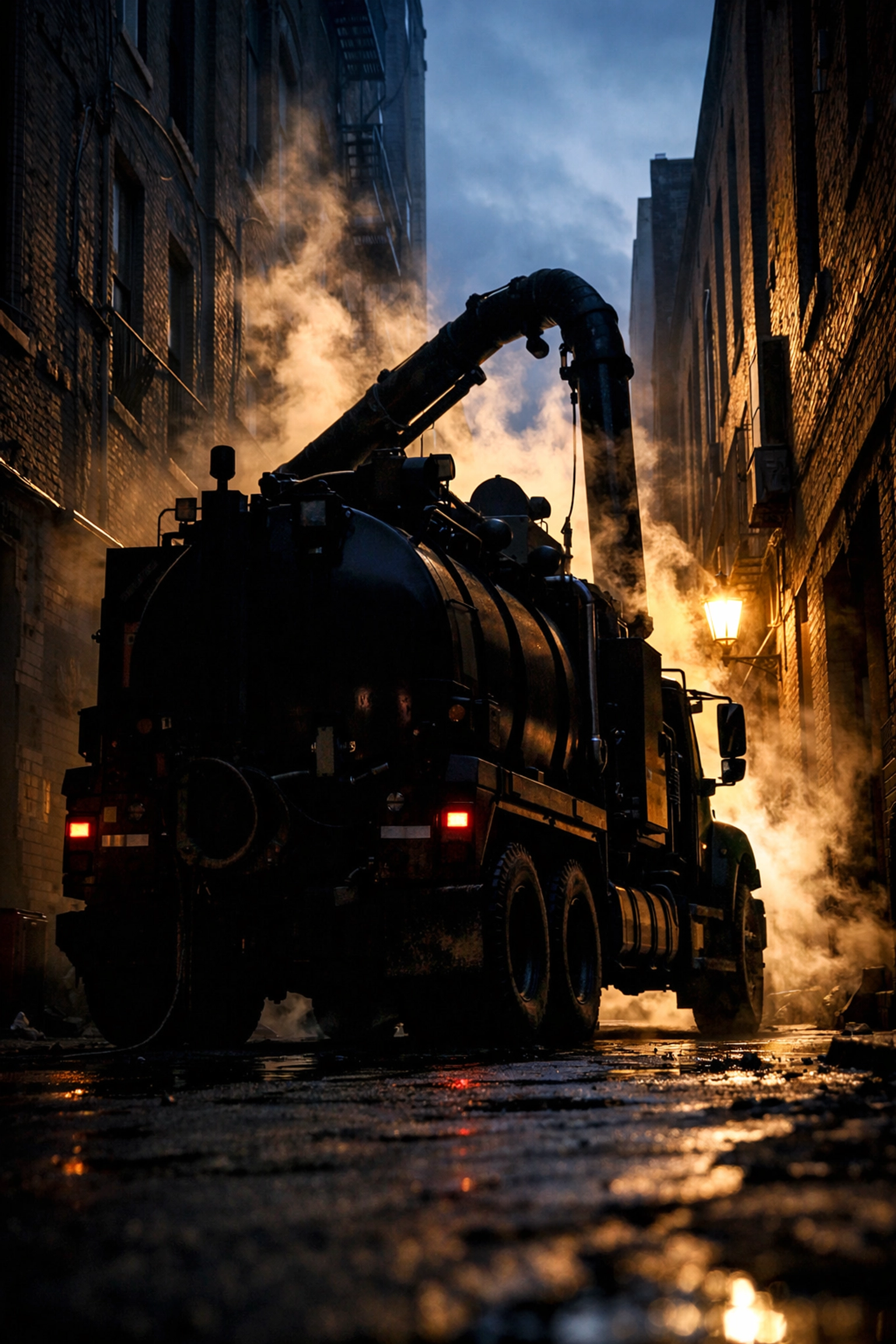 Hydrovac truck in a downtown alley shown in a welcome-style visibility image for companies serving busy jobsite areas.