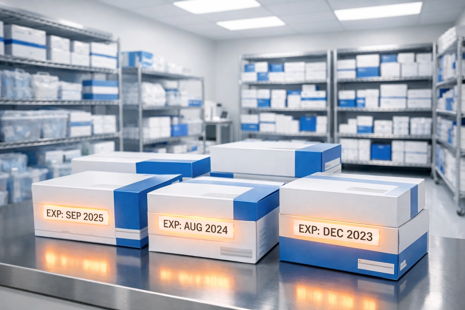 Hospital surgical supplies and advanced energy devices sitting unused on supply room shelves, representing idle capital for healthcare facilities.