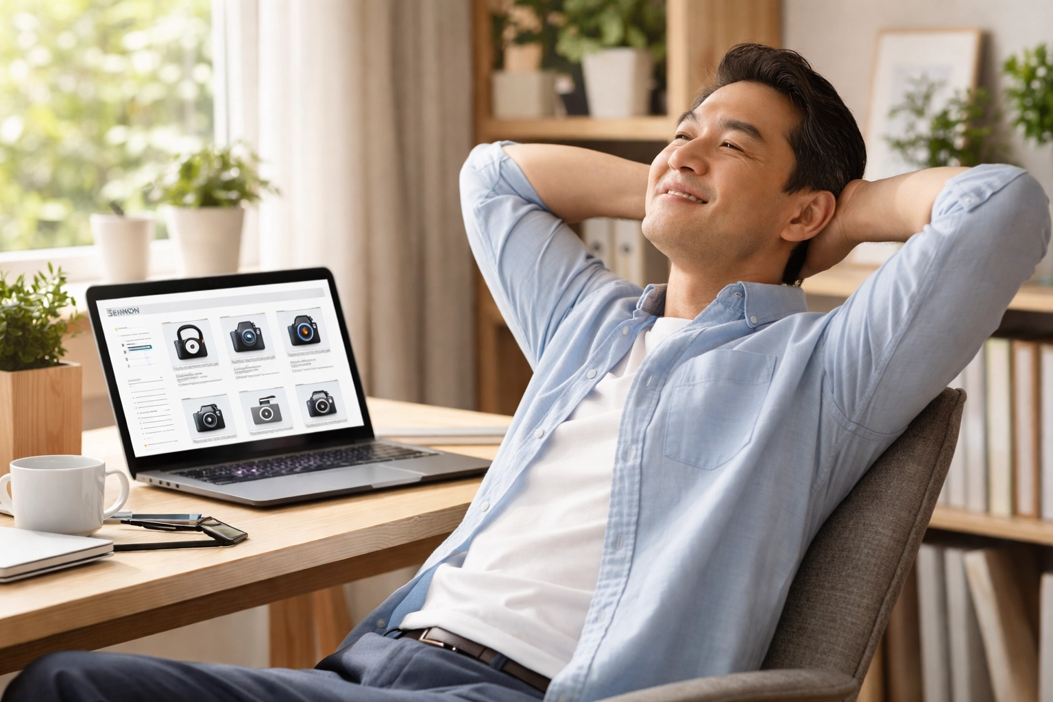 Middle-aged man relaxes at home office while AI compares shopping options on his laptop