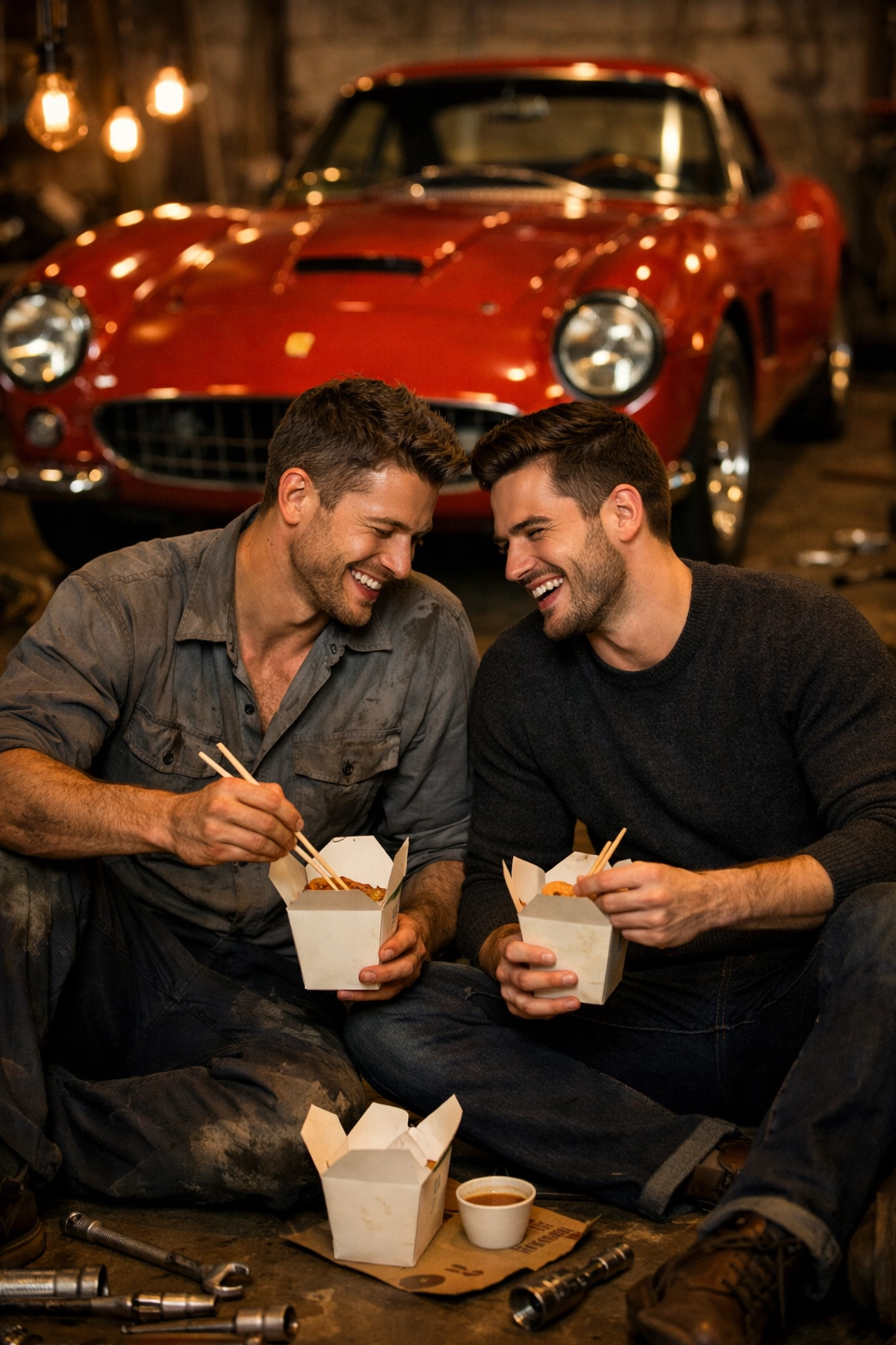 Two men sharing meal in car workshop with vintage Ferrari - MM romance bonding moment