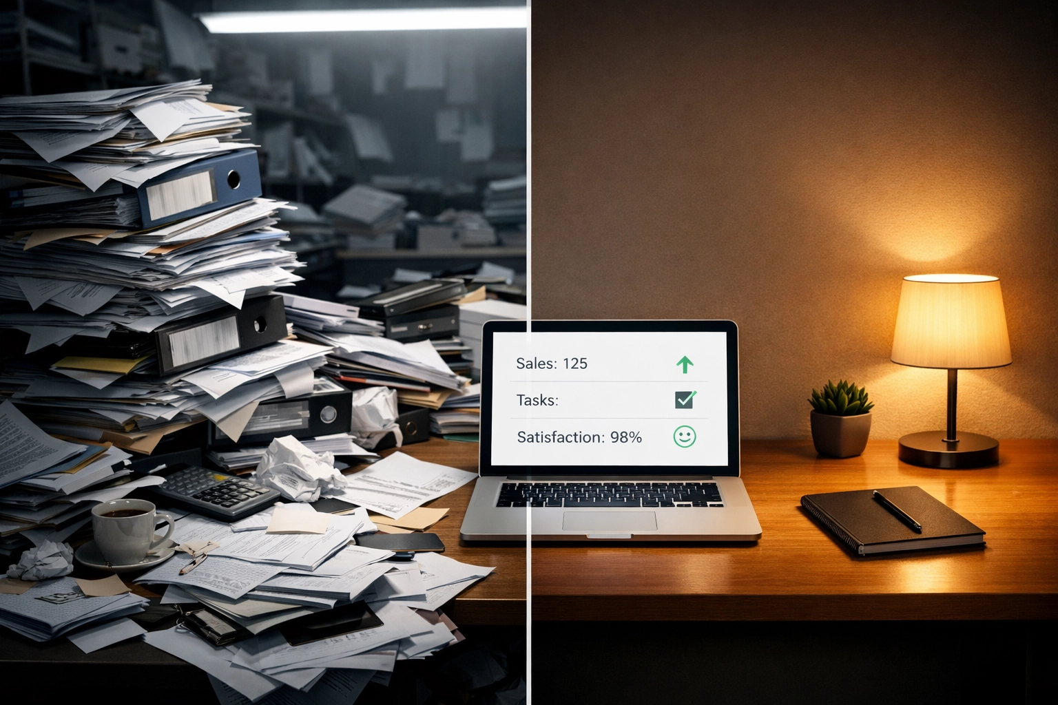 Complex governance paperwork chaos versus simple dashboard clarity side by side