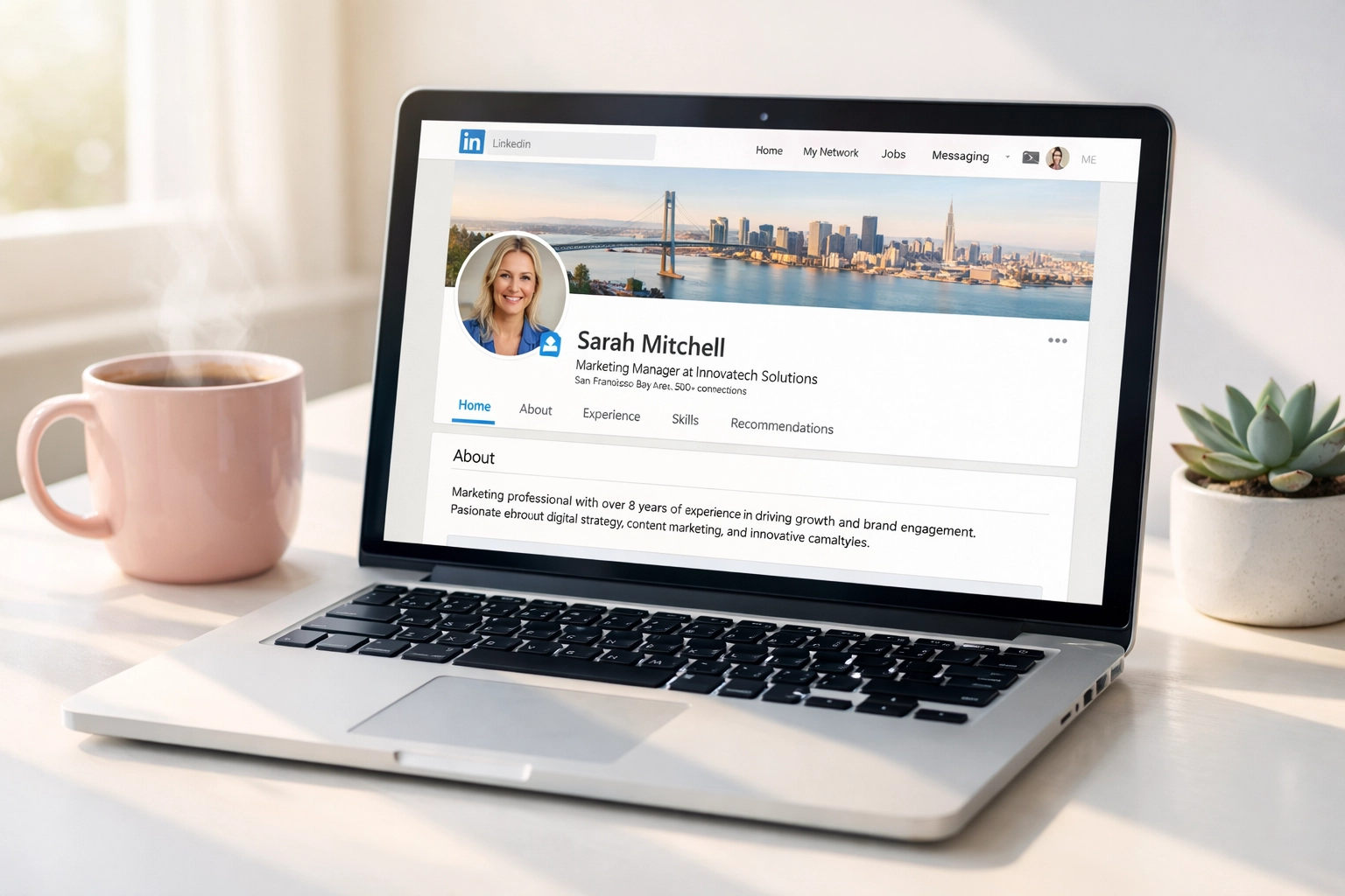 Optimized LinkedIn profile displayed on laptop for small business lead generation