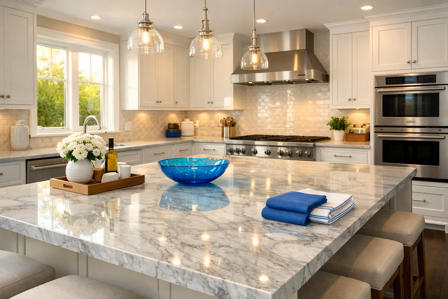 Sparkling modern kitchen in North Andover with marble counters after professional weekly house cleaning.