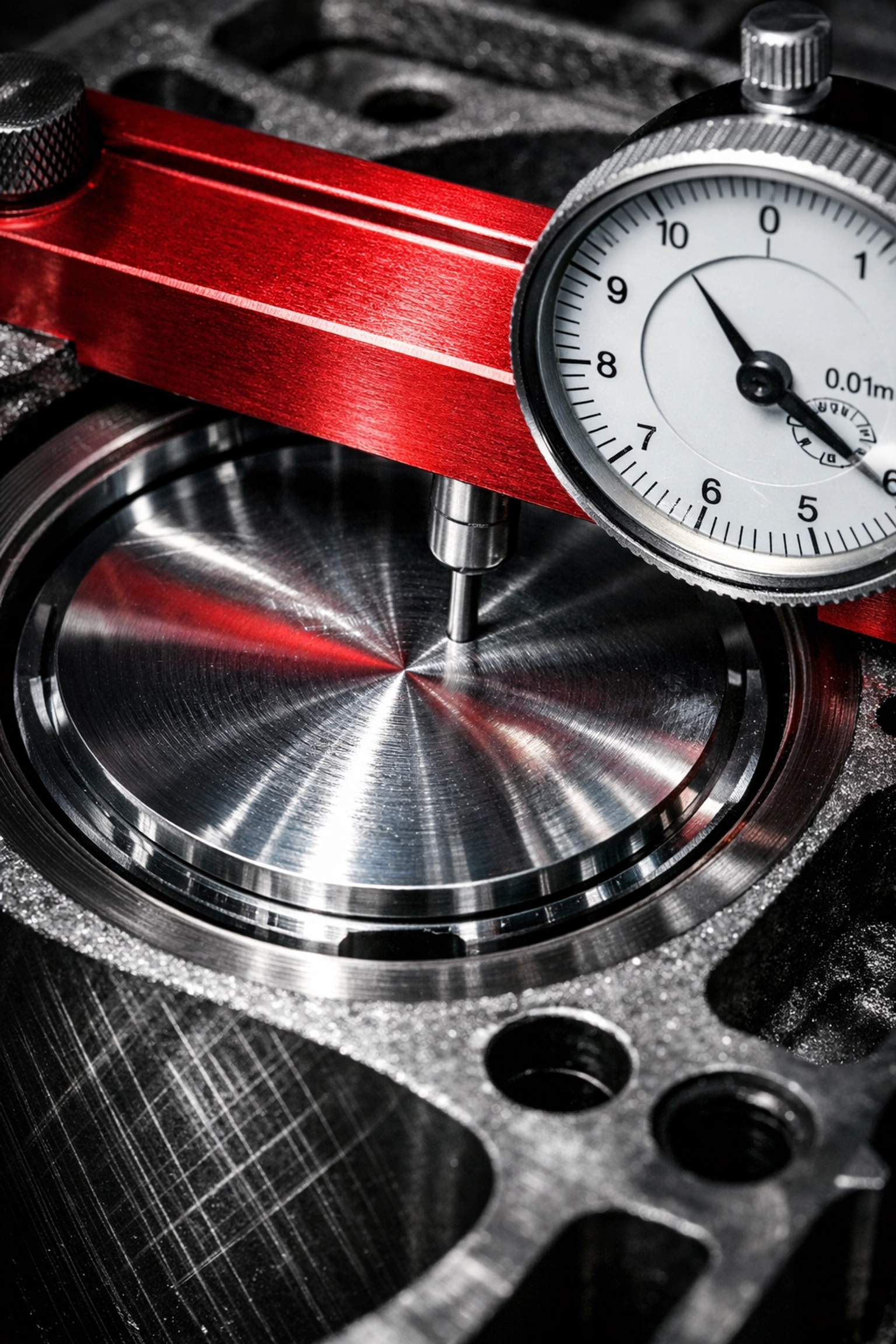 Custom engine build precision measurement of piston deck height and squish clearance using a dial gauge.