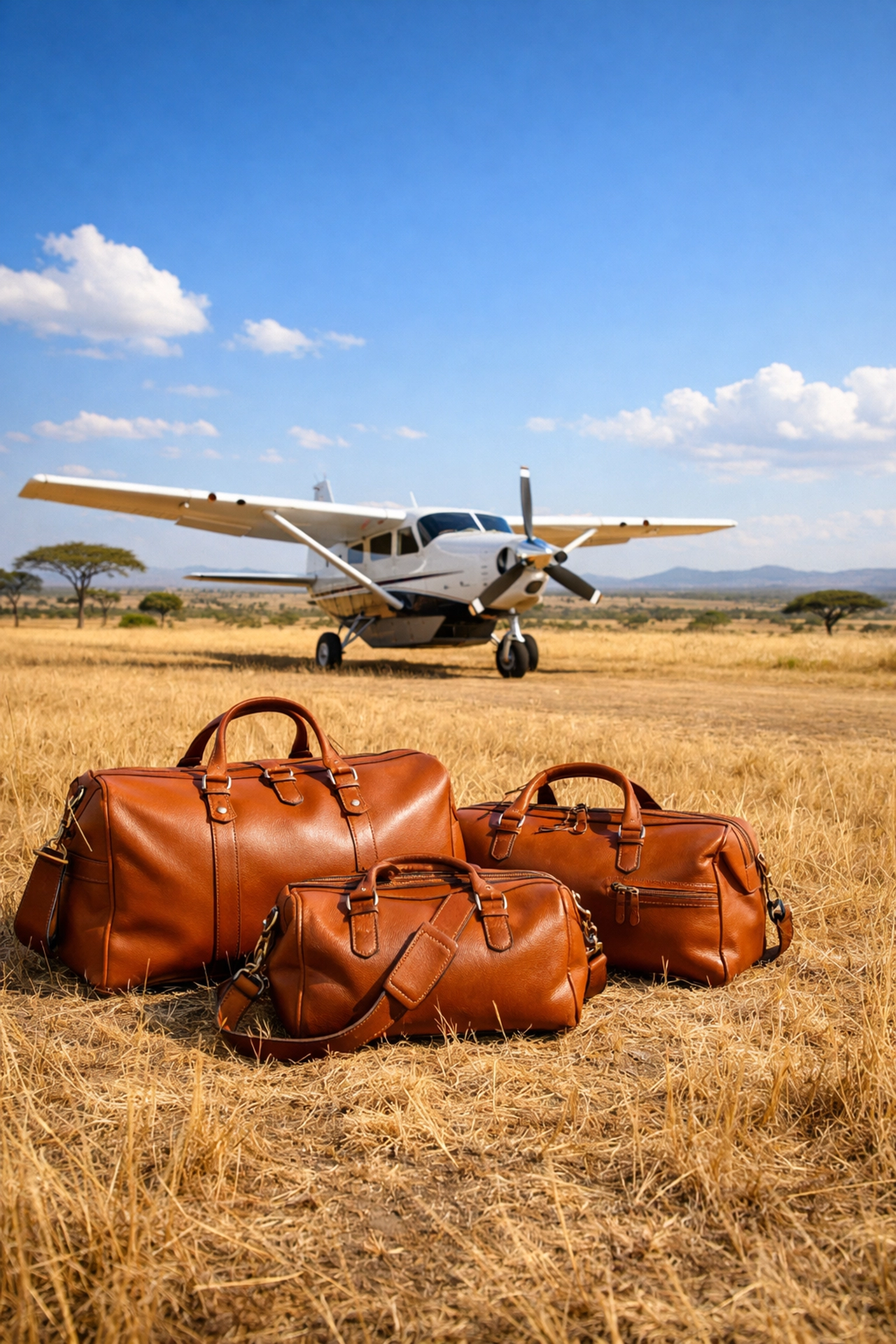 A luxury bush plane on a golden savanna airstrip with leather duffel bags ready for a safari adventure.