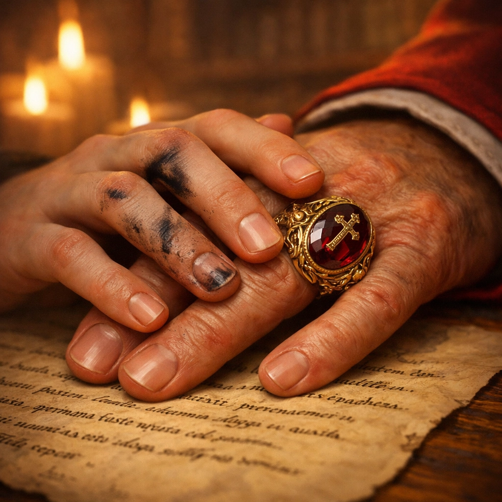 Hands of a young man and a Cardinal touching over a secret love letter in a gay historical romance.