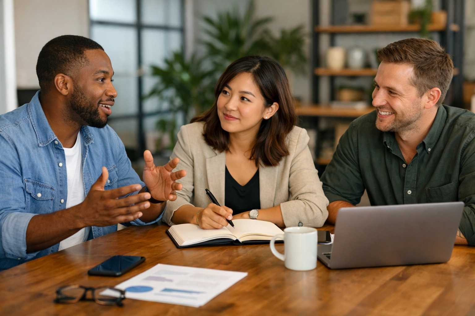 Entrepreneurs discussing customer questions and conversational SEO strategy