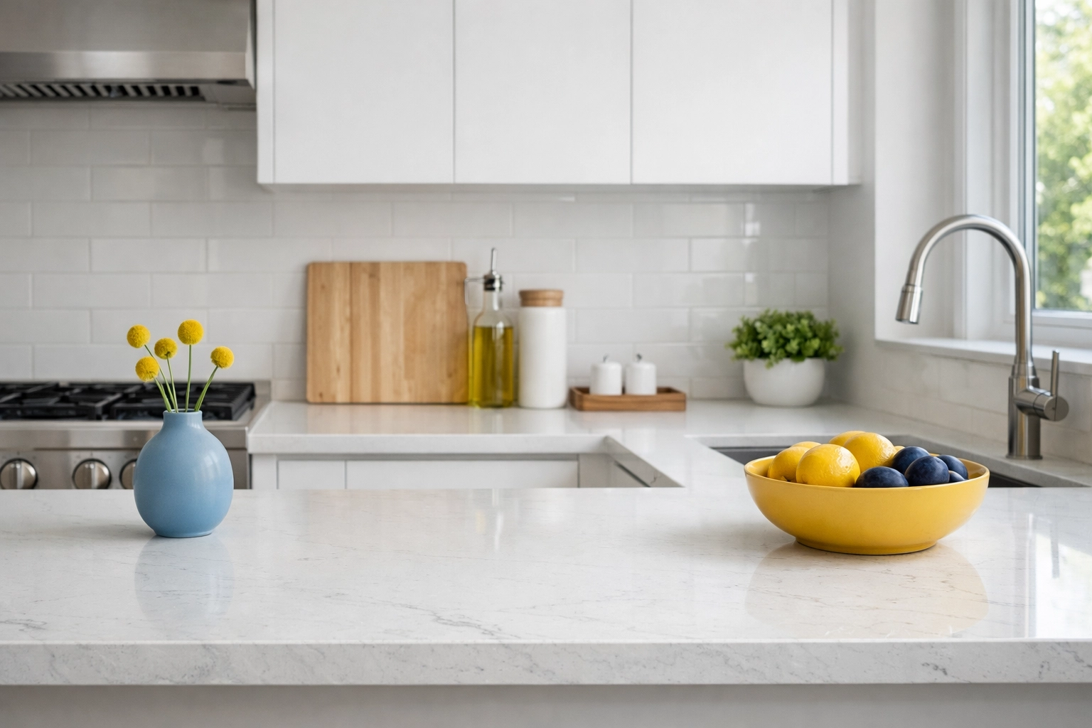 A bright, high-end kitchen detail with clean white counters and subtle blue and yellow accents.