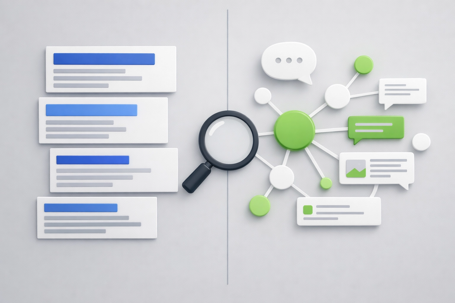 Comparison of traditional SEO search results and AI-powered search competitive landscape