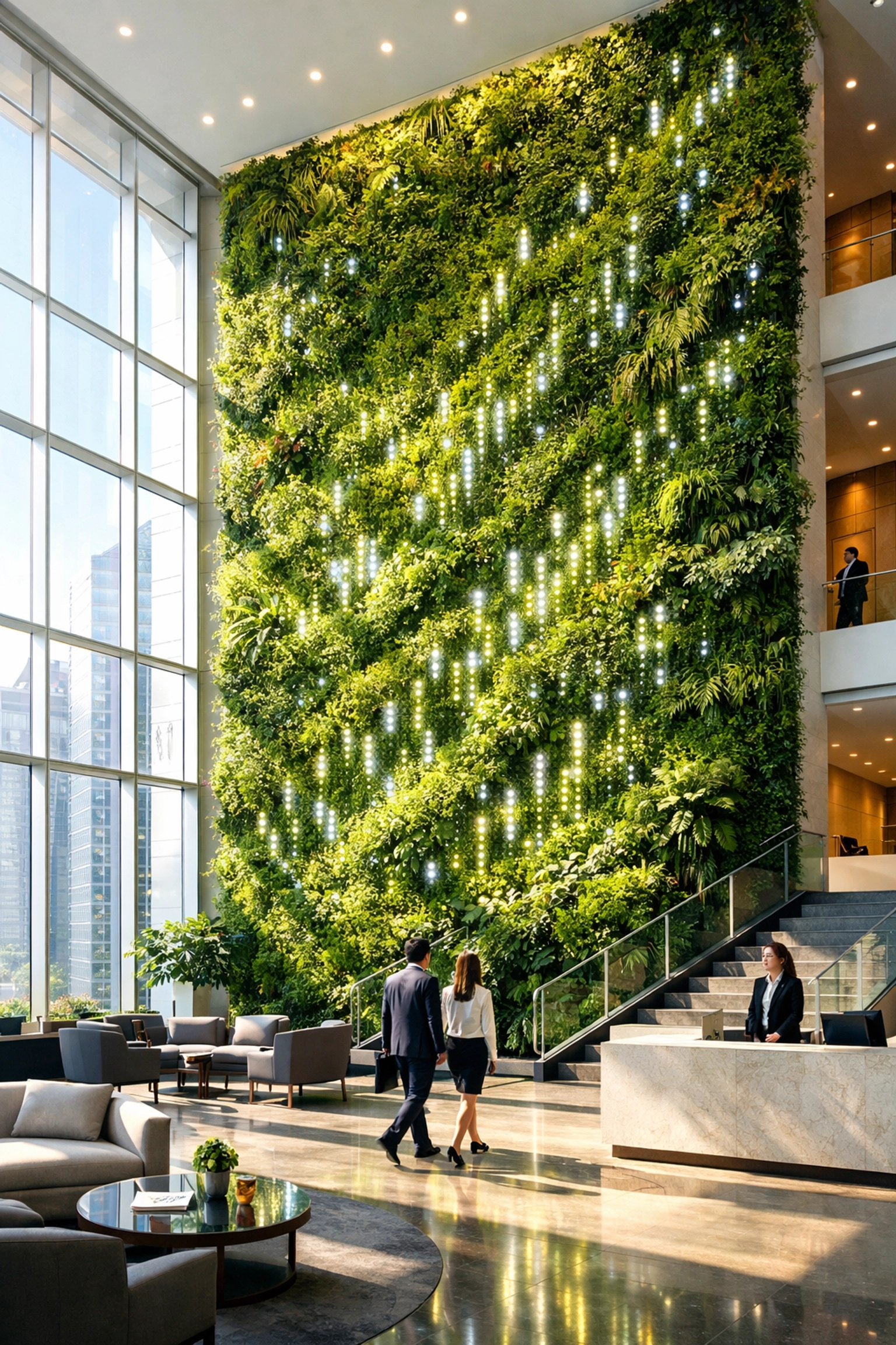 Sleek corporate lobby with a living green wall representing growth and measurable human scaling metrics.