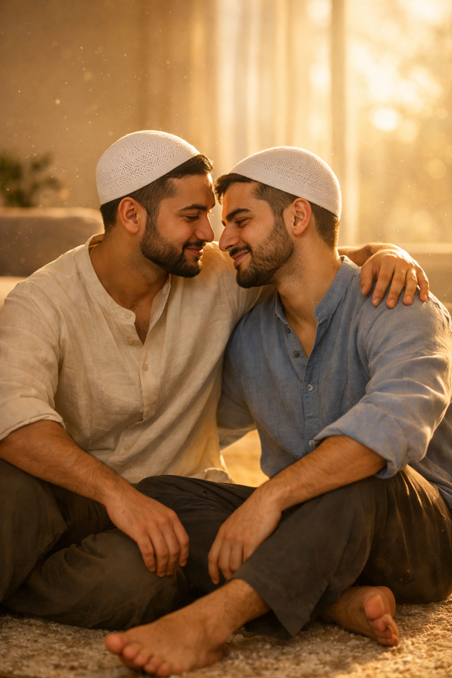 Two queer Muslim men sitting together, showing peace and harmony between faith and LGBTQ identity.