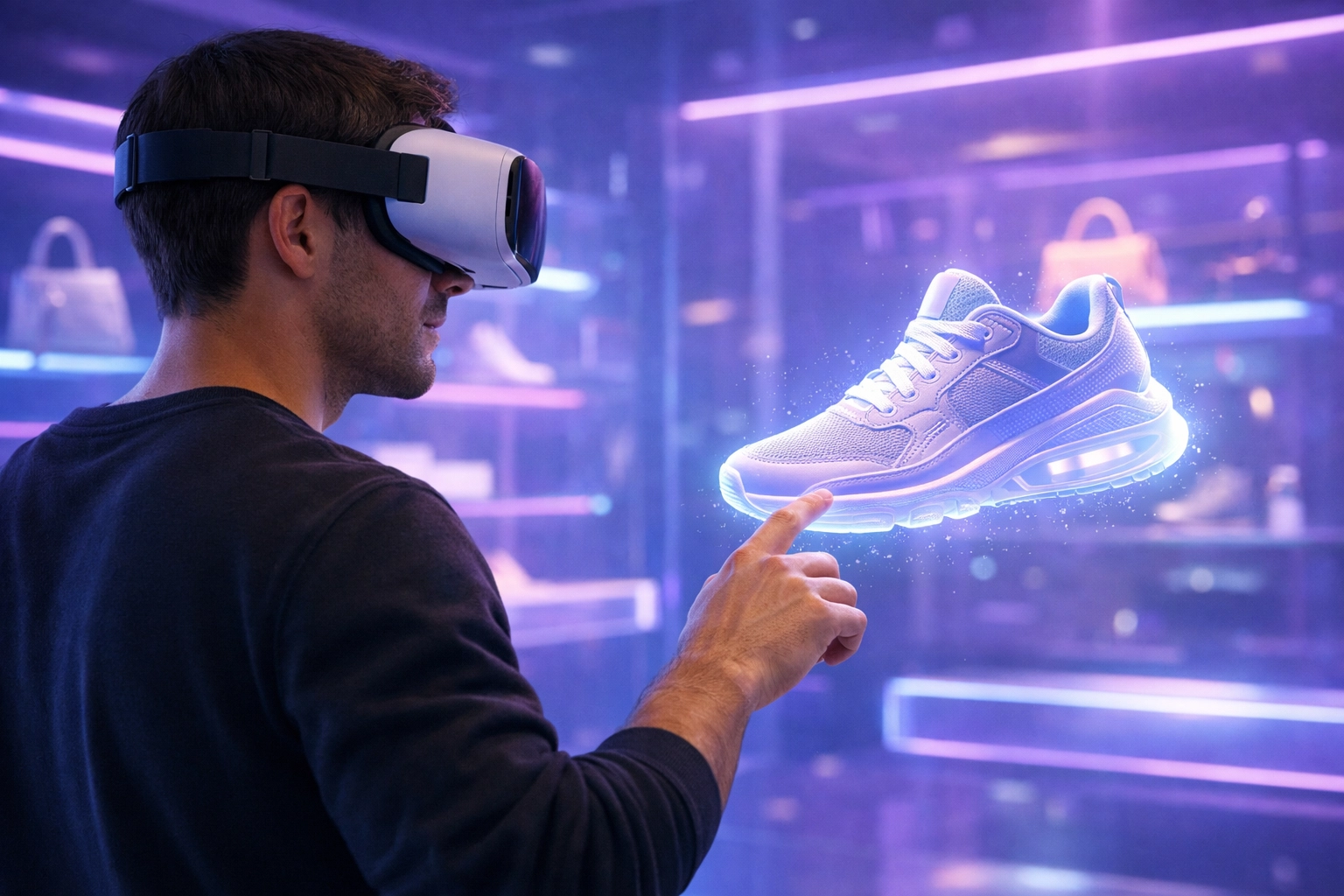 A shopper using a VR headset to interact with holographic products in a Larecoin metaverse store.