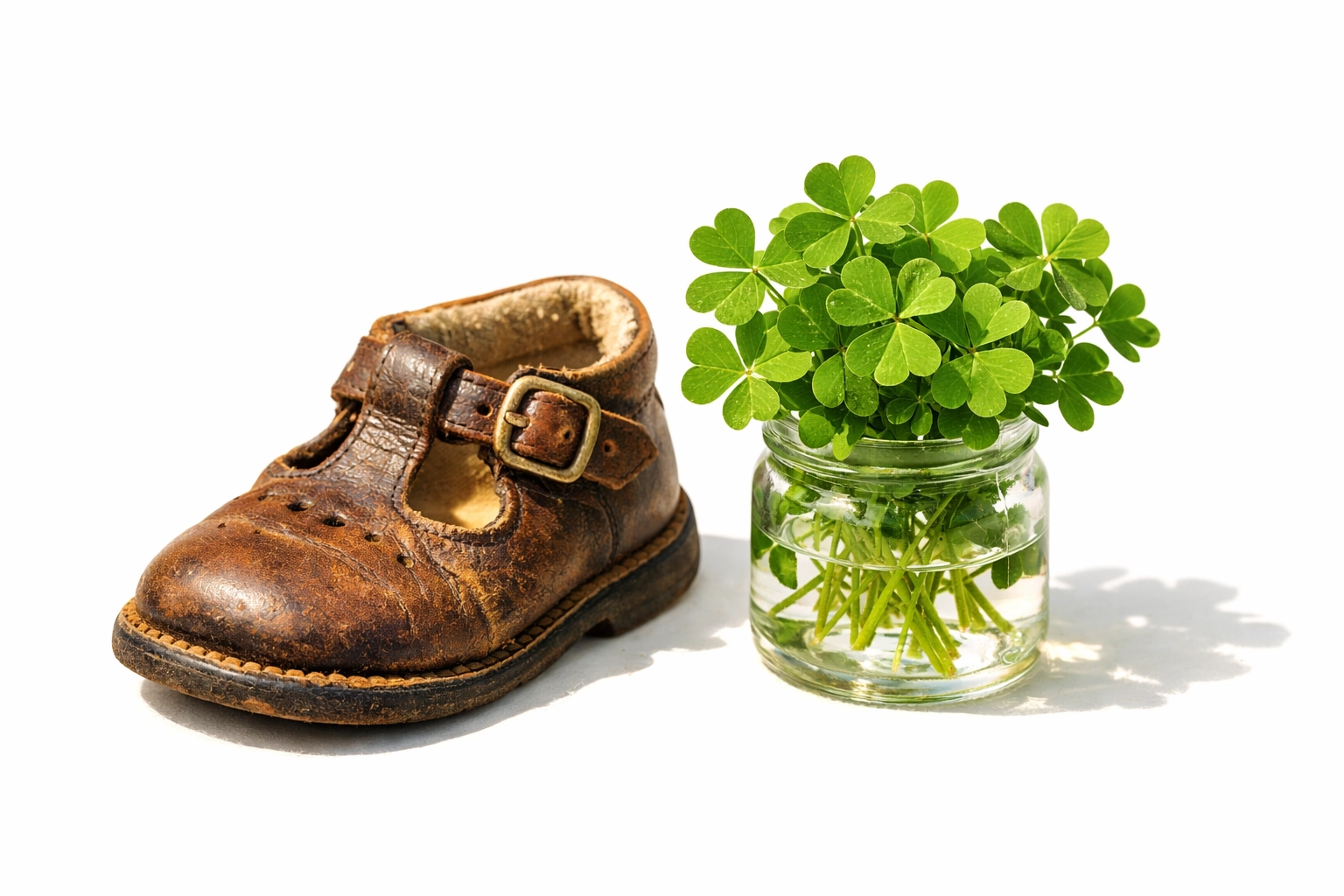 Child's leather shoe and green clover, reflecting the Irish setting of Claire Keegan's novella Foster.