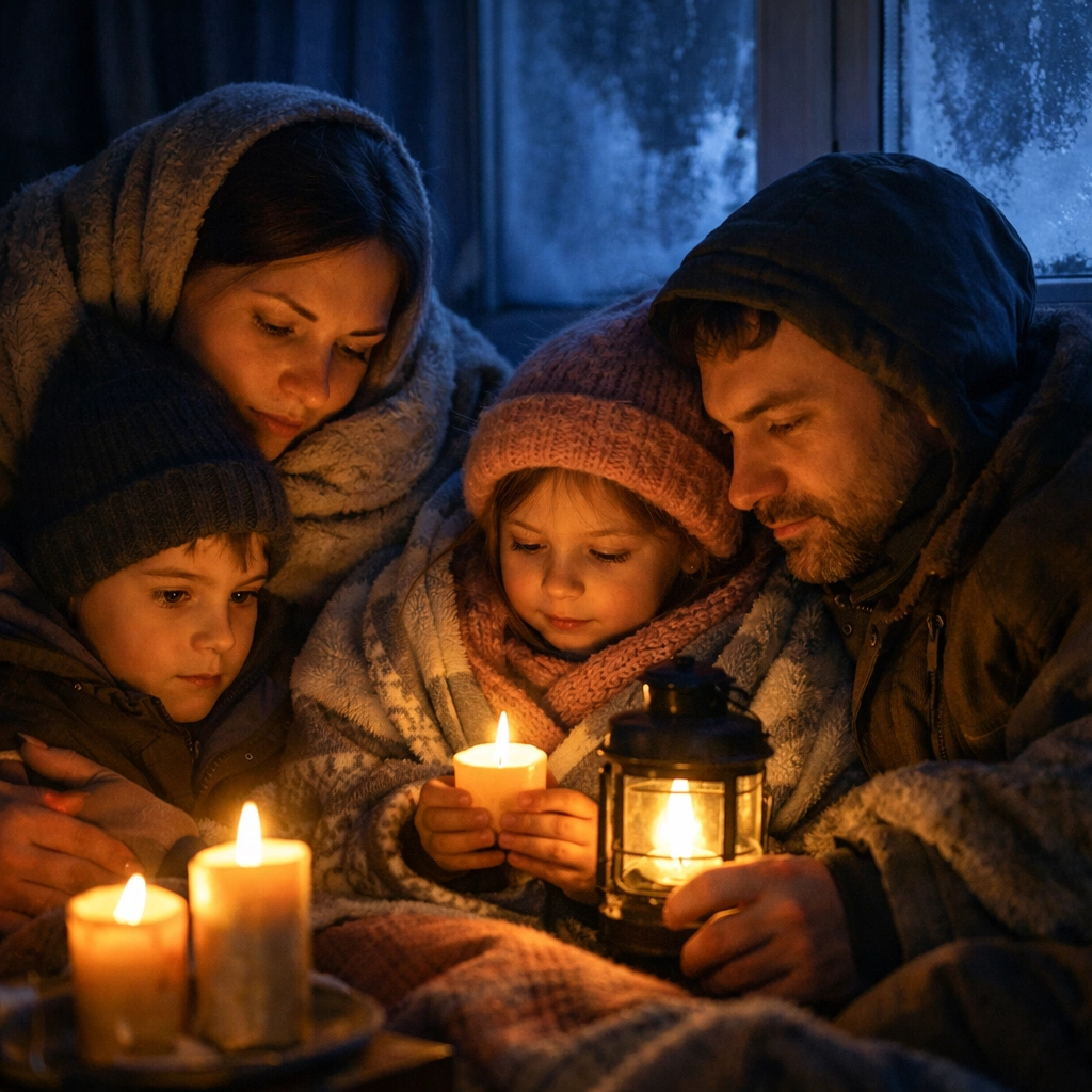 Ukrainian family using candlelight during power outage caused by Russian attacks on infrastructure