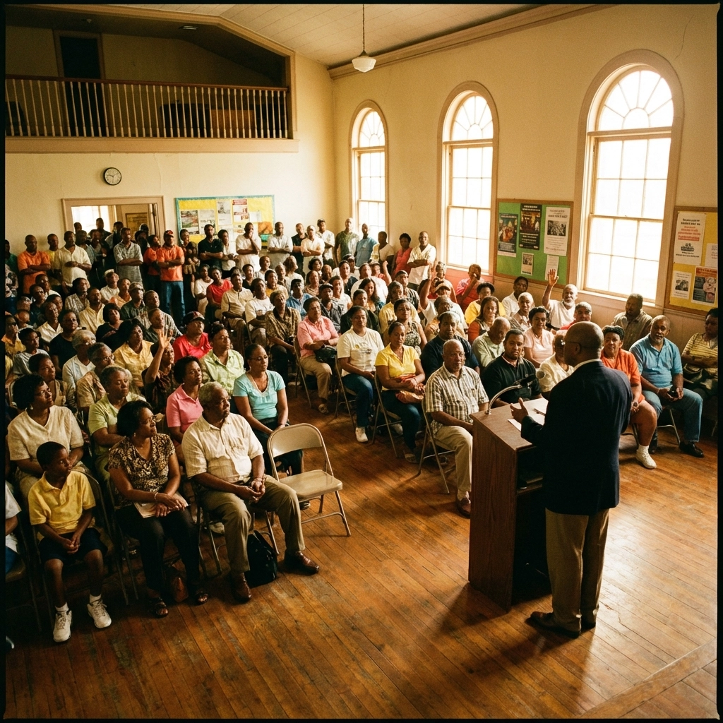 Diverse community members gather for a town hall meeting in a church fellowship hall to discuss local visibility issues.