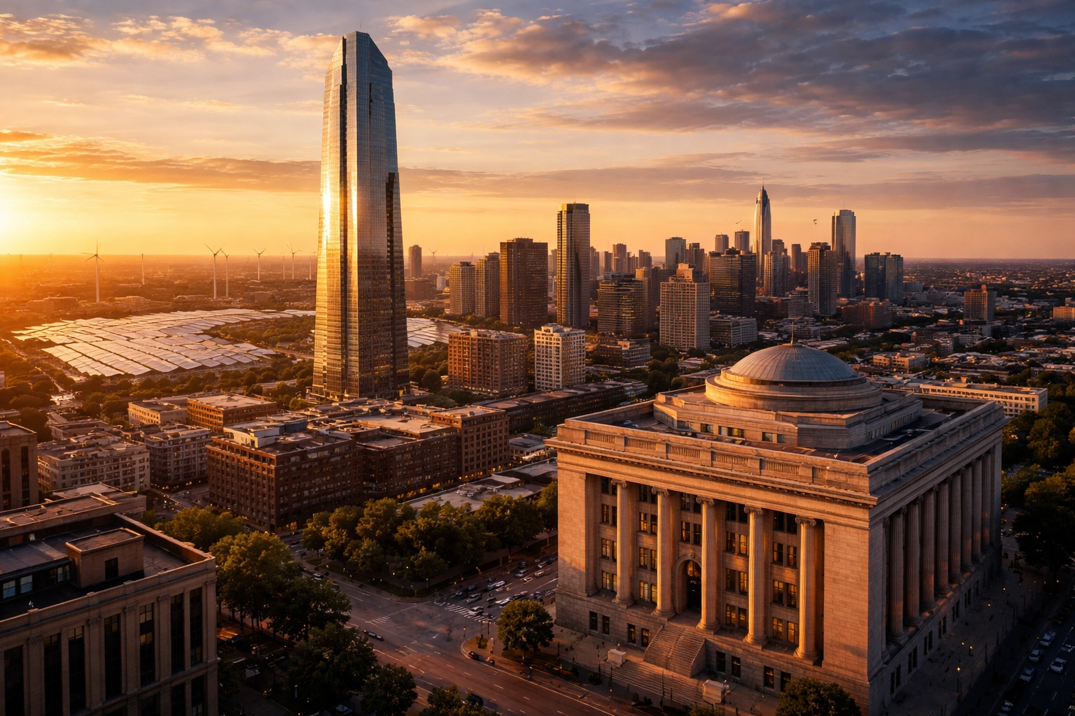 A cityscape at sunset featuring skyscrapers, a bank, and solar farm, highlighting portfolio diversification benefits.