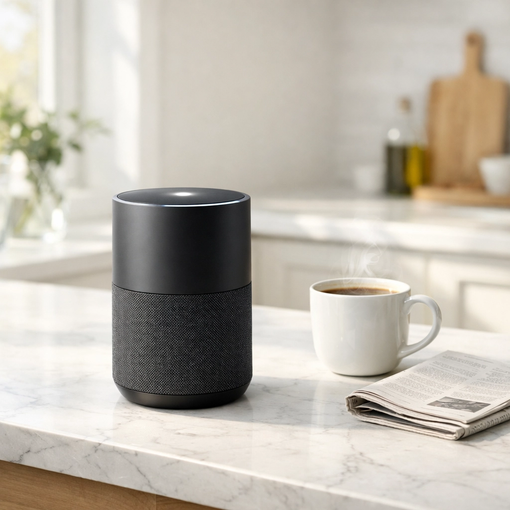 Smart speaker on a marble kitchen island for seamless voice control and streaming audio.