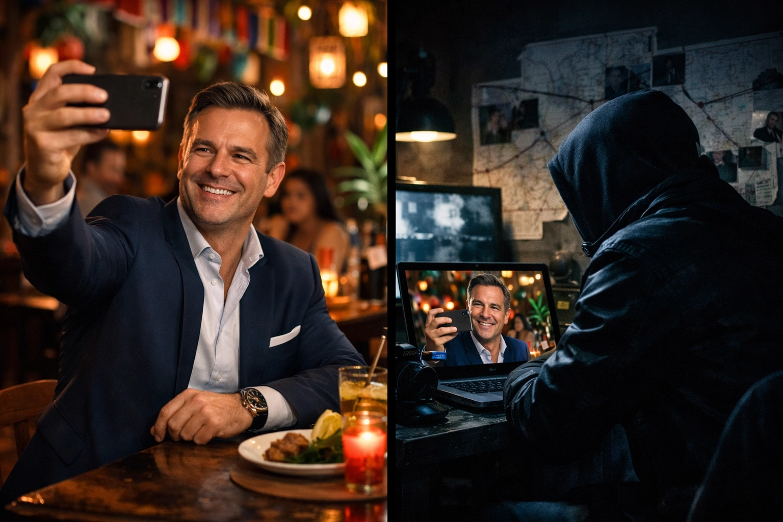 Executive taking restaurant selfie while criminal monitors social media post for surveillance