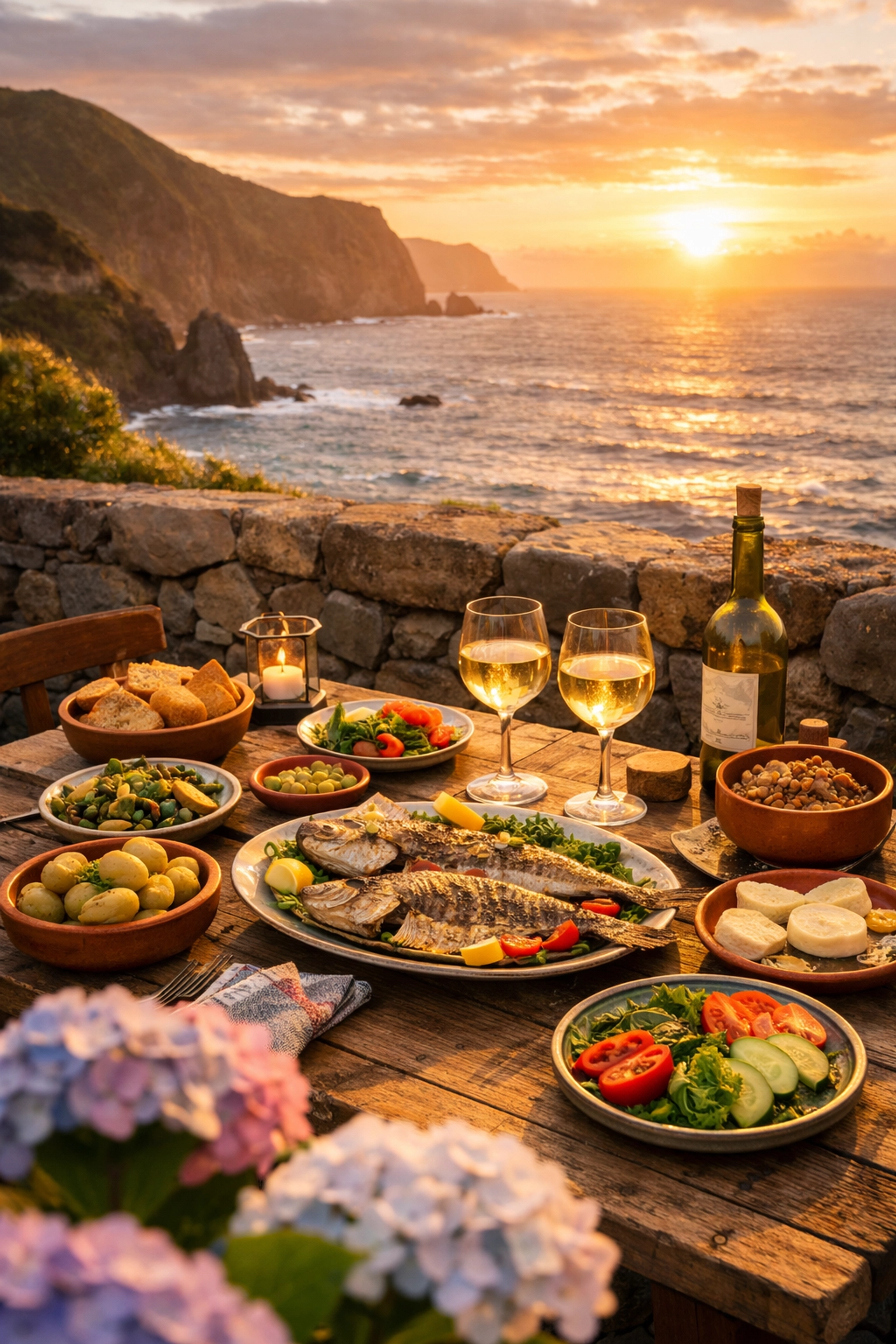 Fresh seafood dining on ocean-view terrace in the Azores at sunset