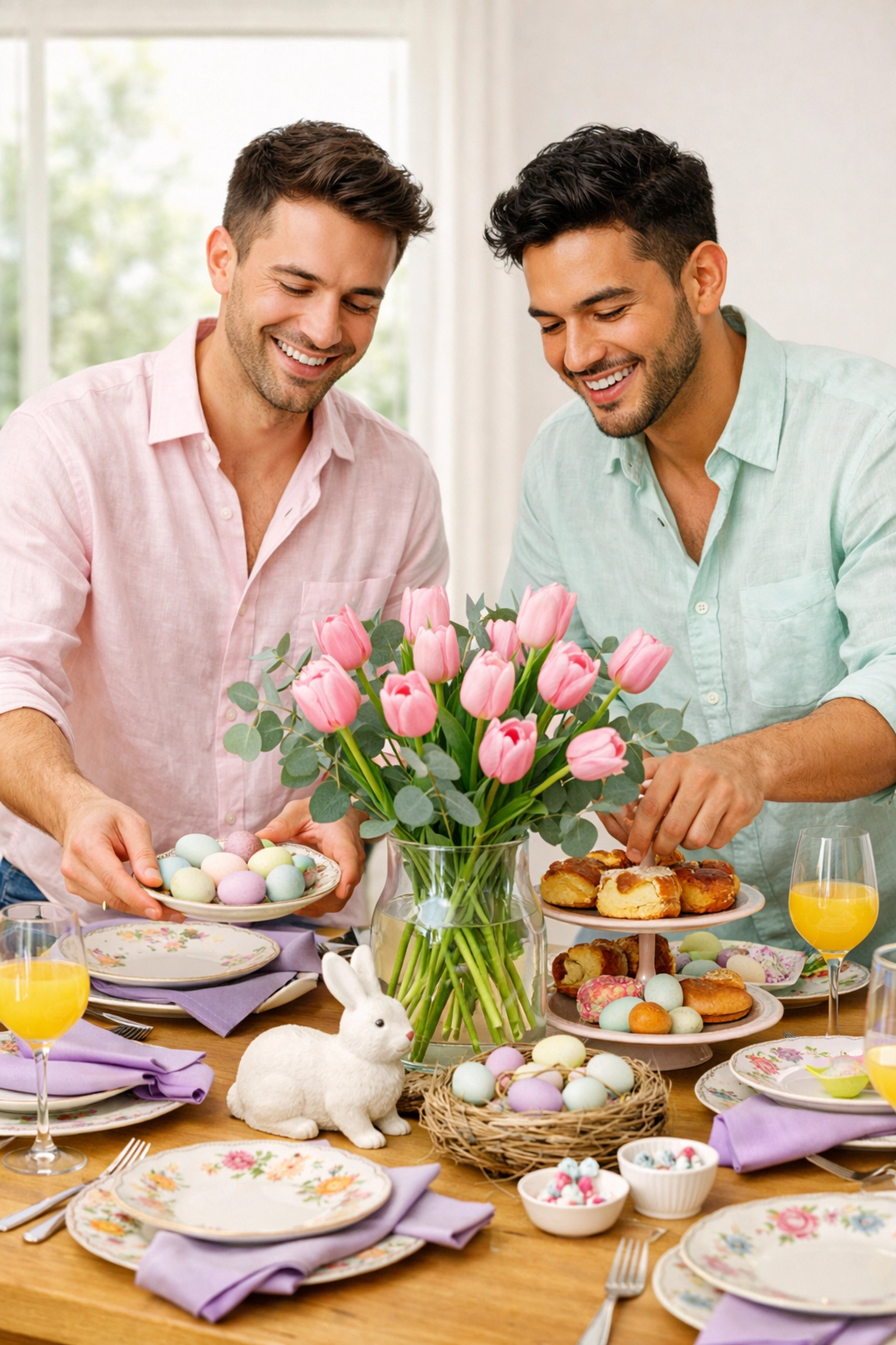 Stylish gay men preparing a festive queer Easter brunch table with fresh tulips and pastel decorations.