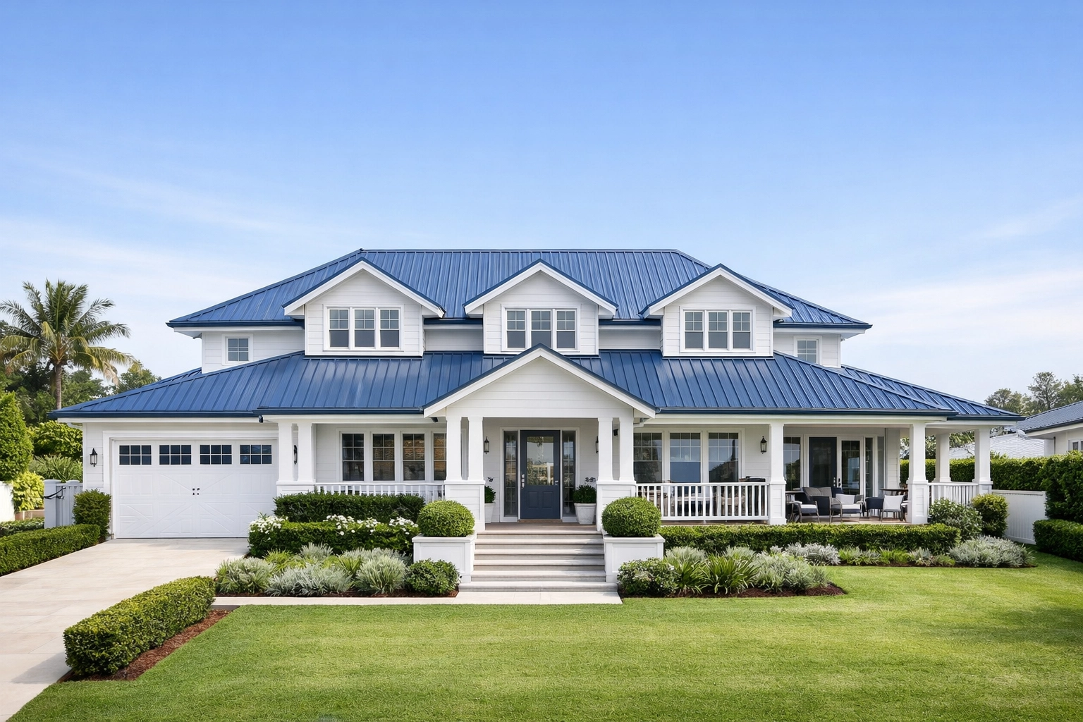Stunning blue-grey metal roof on a modern Northern Beaches Hamptons-style home for street appeal.