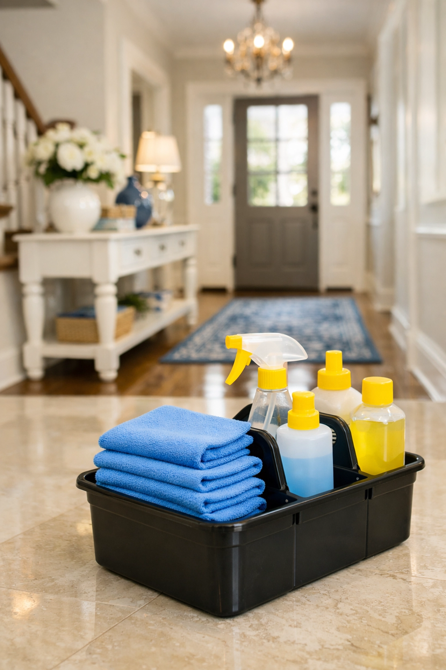 Reliable house cleaning in Pepperell MA with professional supplies in a spotless residential entryway.