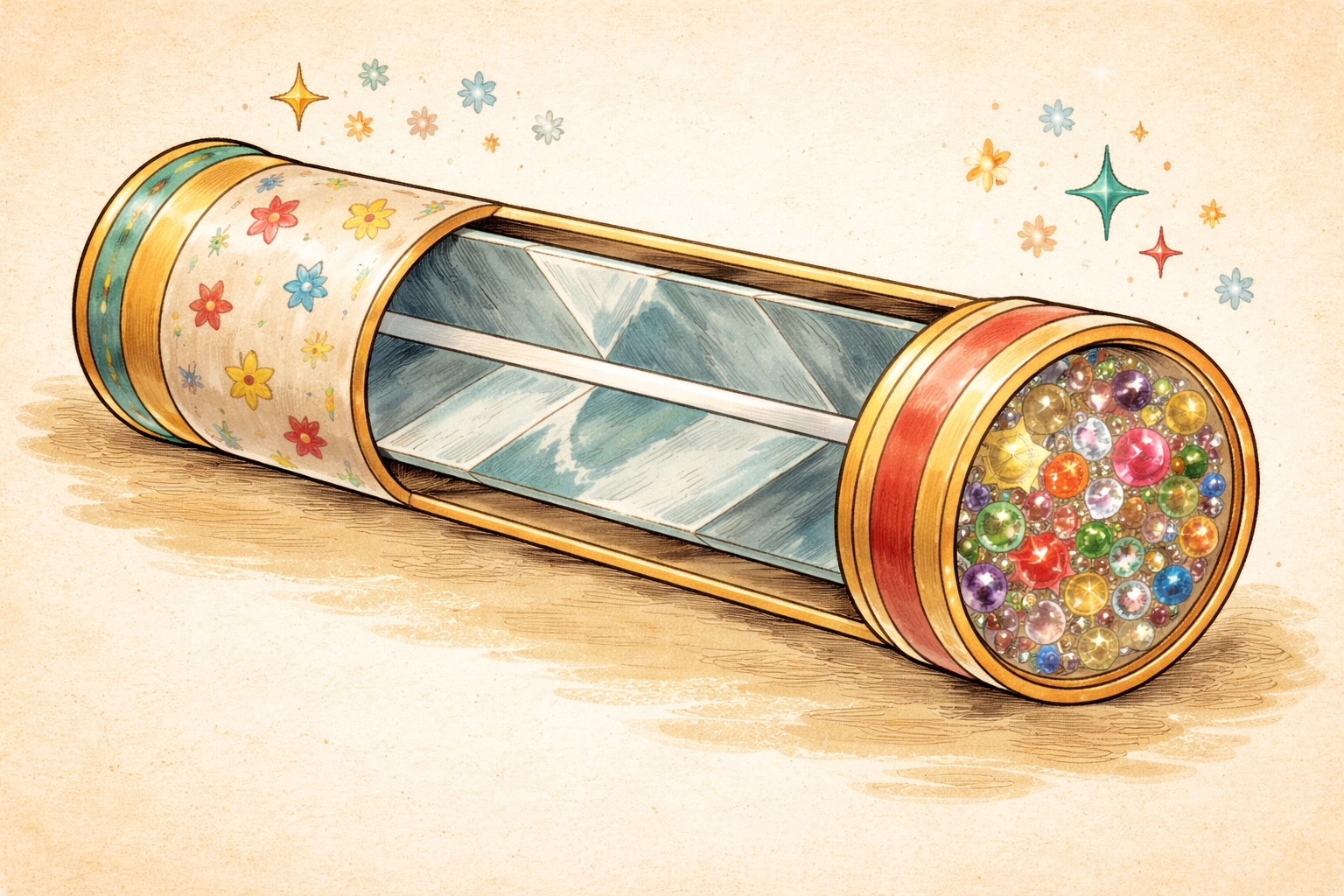 Cutaway view of a homemade paper tube kaleidoscope showing inner mirror prism and colorful bead chamber