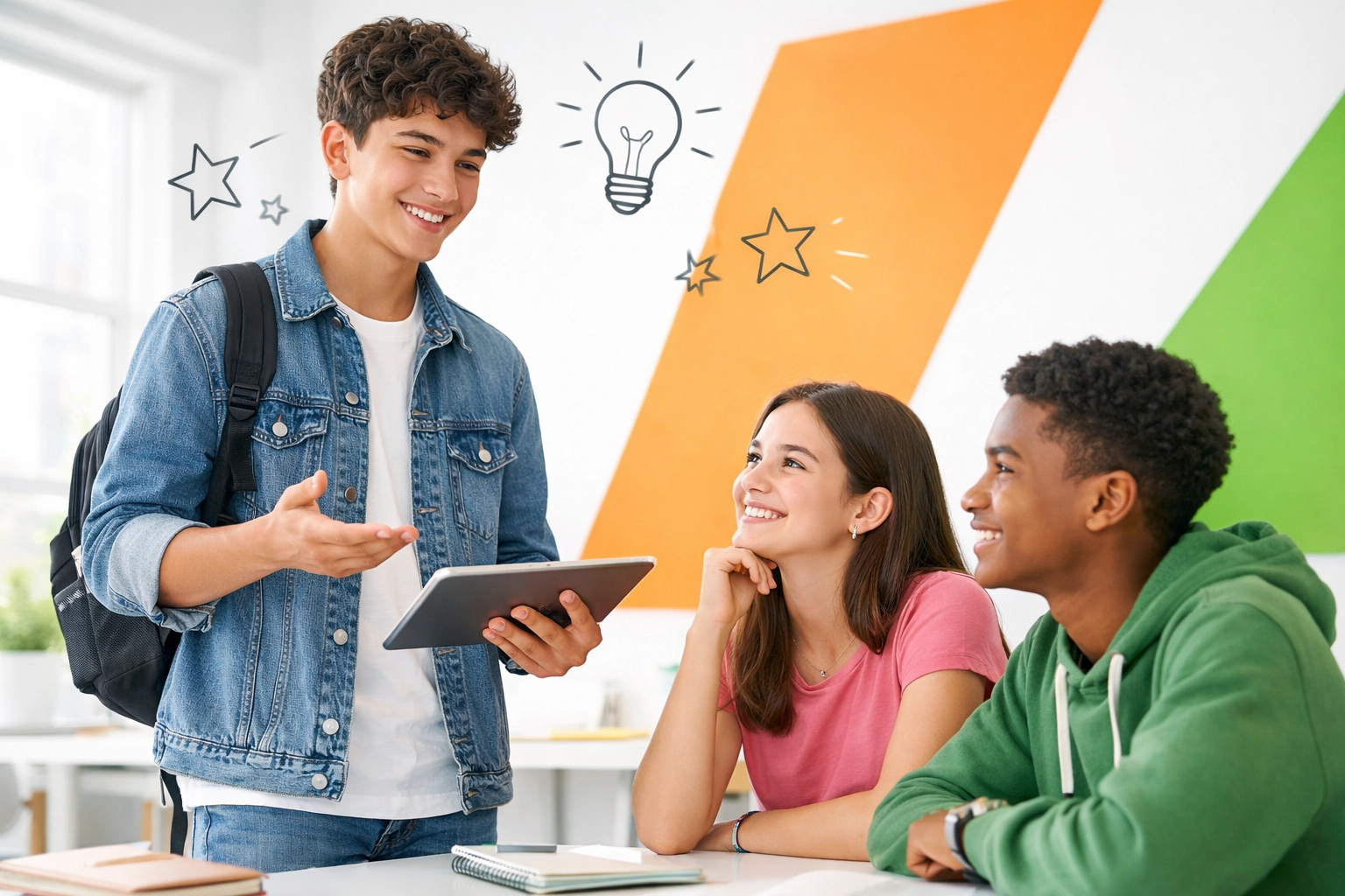 Teenage leader collaborating with peers, demonstrating social grace and respectful communication.