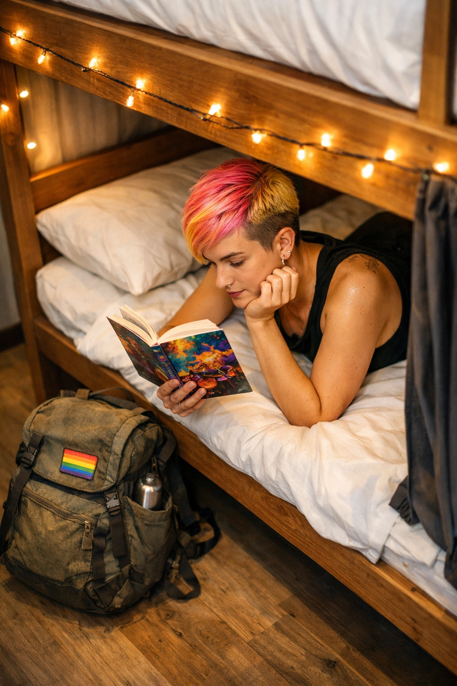 Solo queer traveler reading a gay romance book in a safe and welcoming hostel bunk bed.