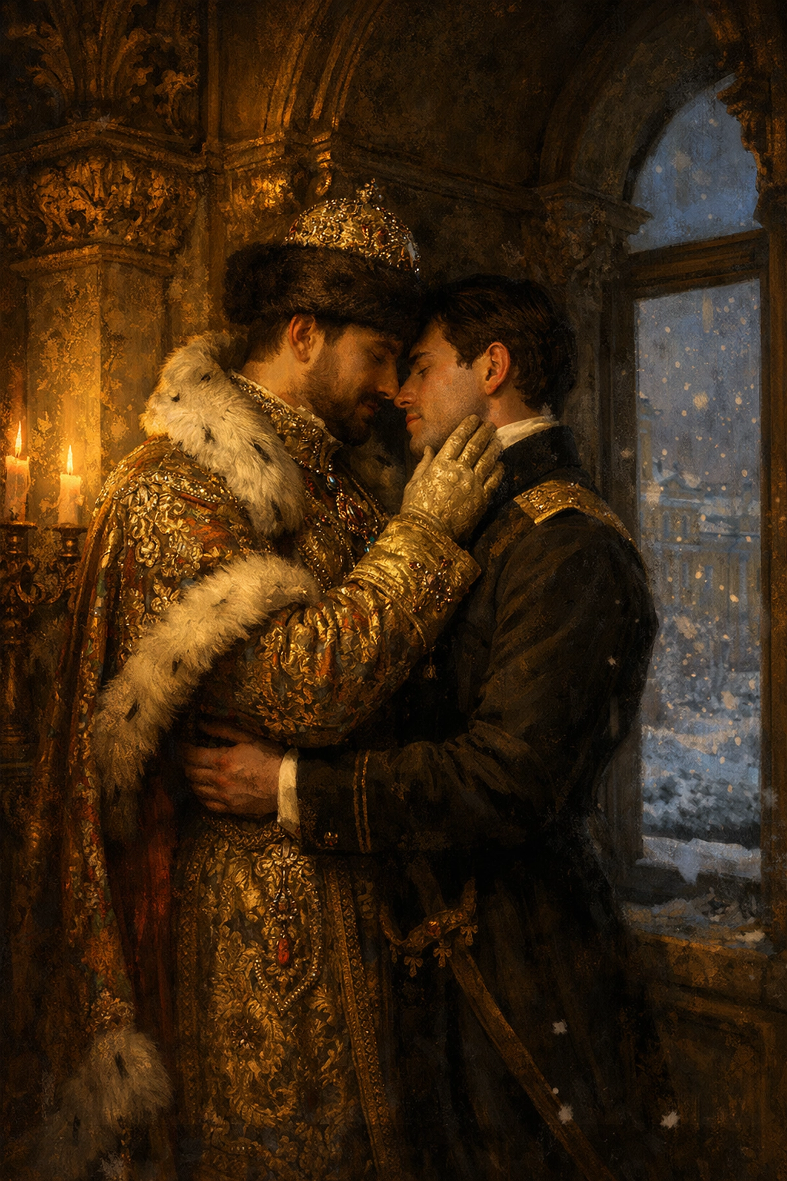 Two men embracing at Winter Palace costume ball in gay historical romance fiction