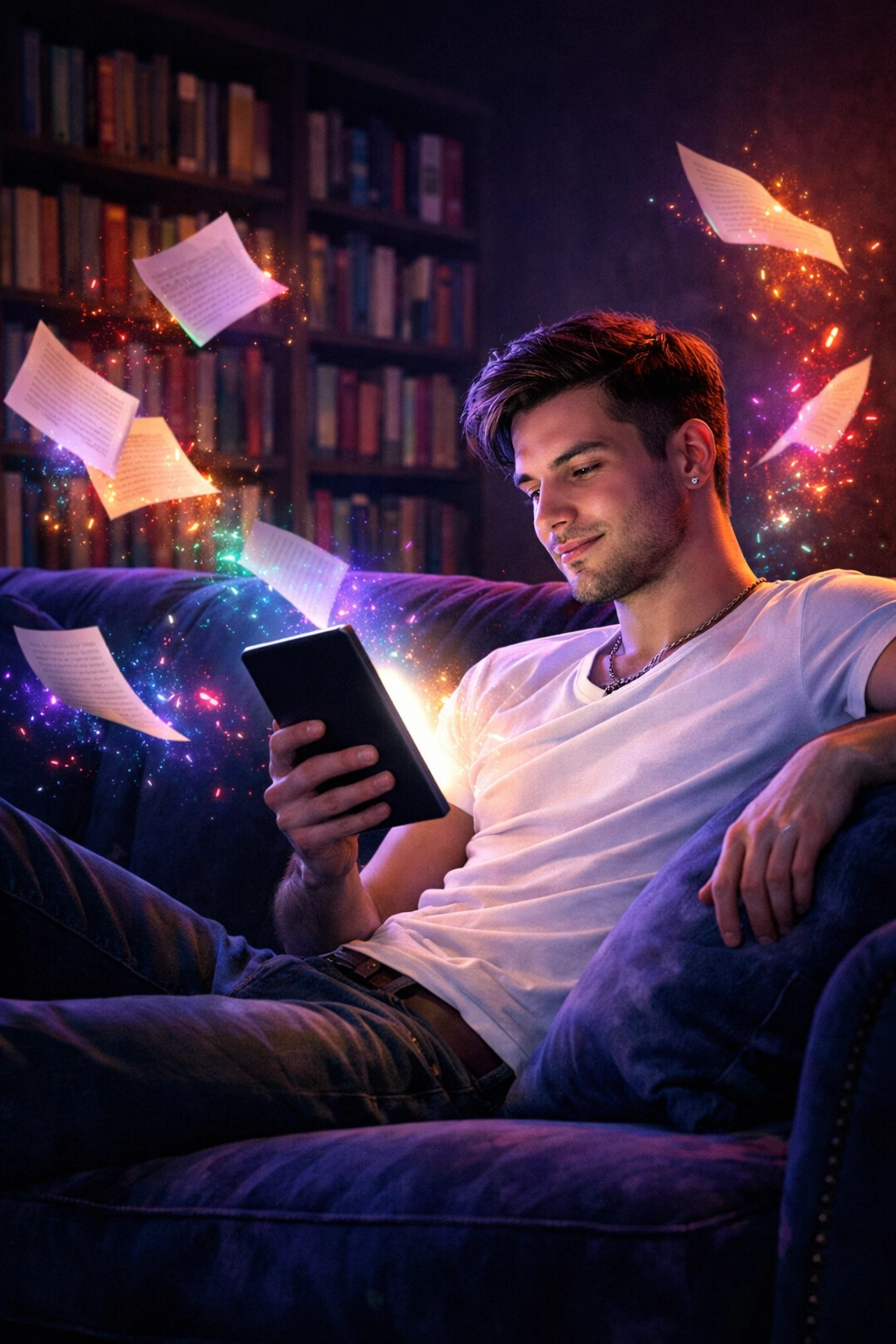 A man reading MM romance books on an e-reader for professional inspiration and creative growth.