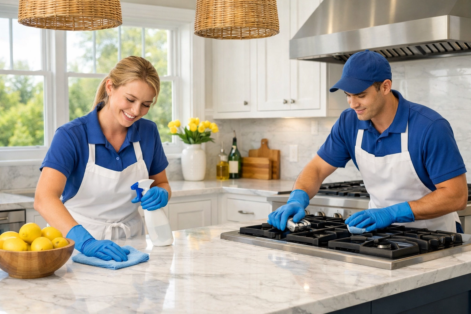Professional cleaners performing deep house cleaning Townsend MA in a modern kitchen.