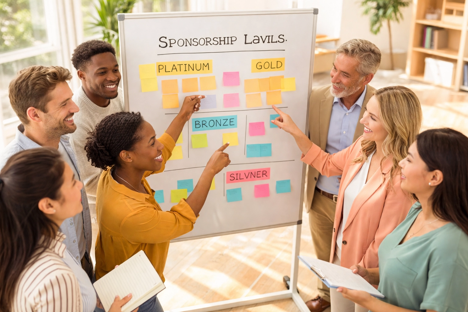 Team planning nonprofit sponsorship tiers and levels on whiteboard with sticky notes