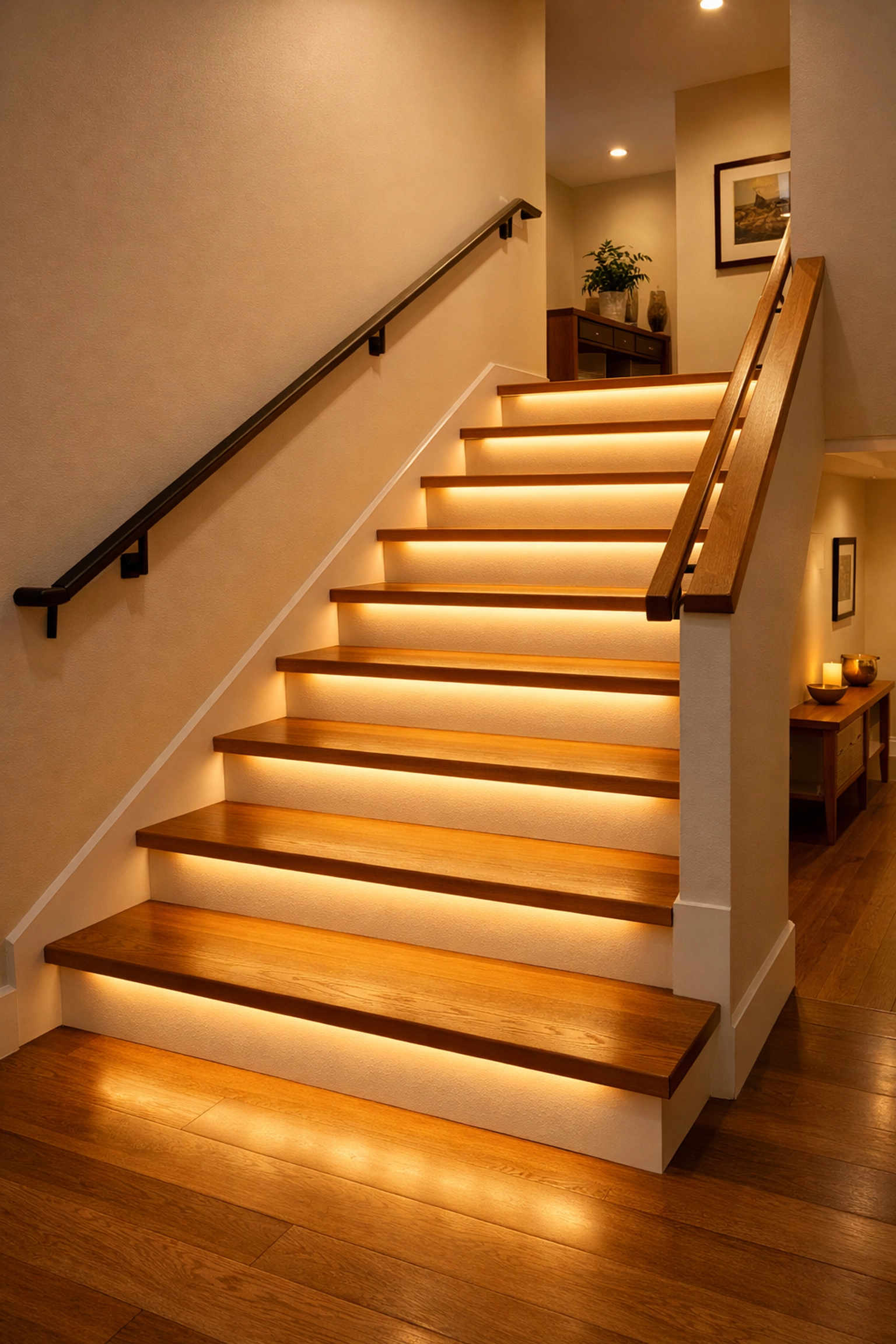 Modern stairs with LED safety lighting under each tread to improve visibility and depth perception.