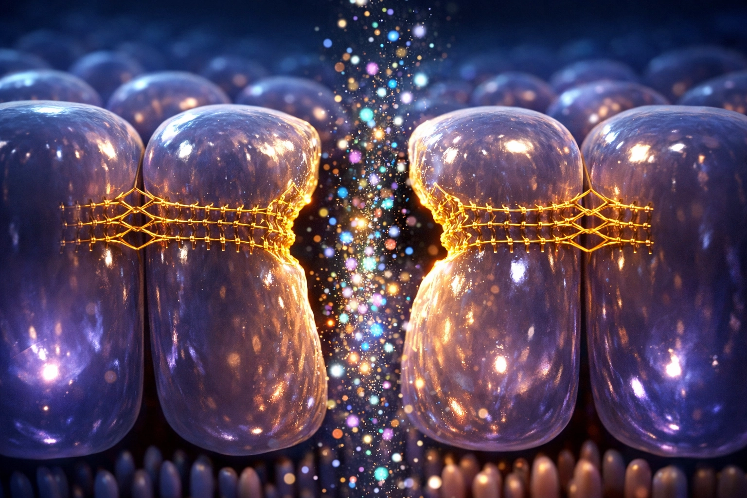 Microscopic view of intestinal lining cells and tight junctions illustrating leaky gut permeability.