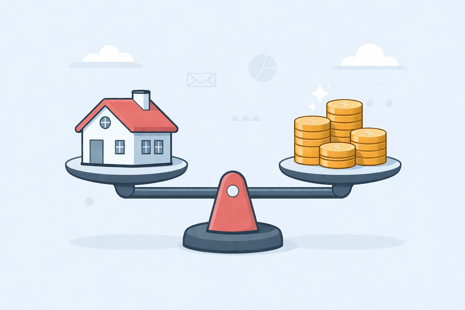 Ilustración de balanza con casa y monedas destaca la importancia del ratio deuda-ingreso en la compra de vivienda