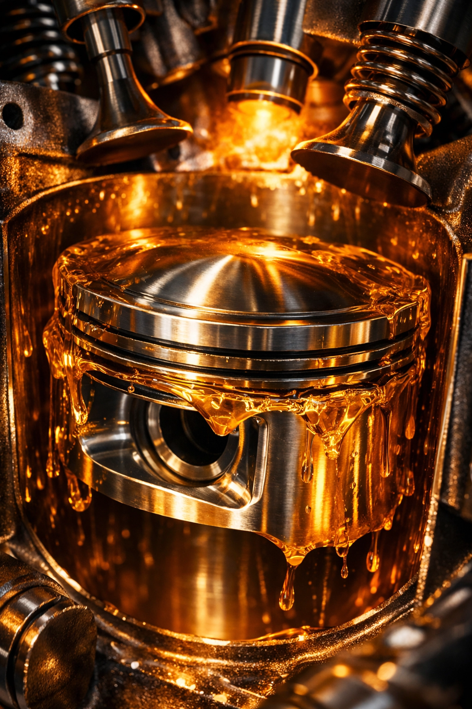 Close-up of a car engine piston lubricated with fresh golden motor oil for smooth performance.