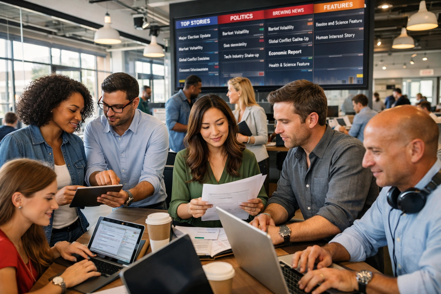 Journalists collaborating in newsroom using press releases for daily editorial workflow and story planning