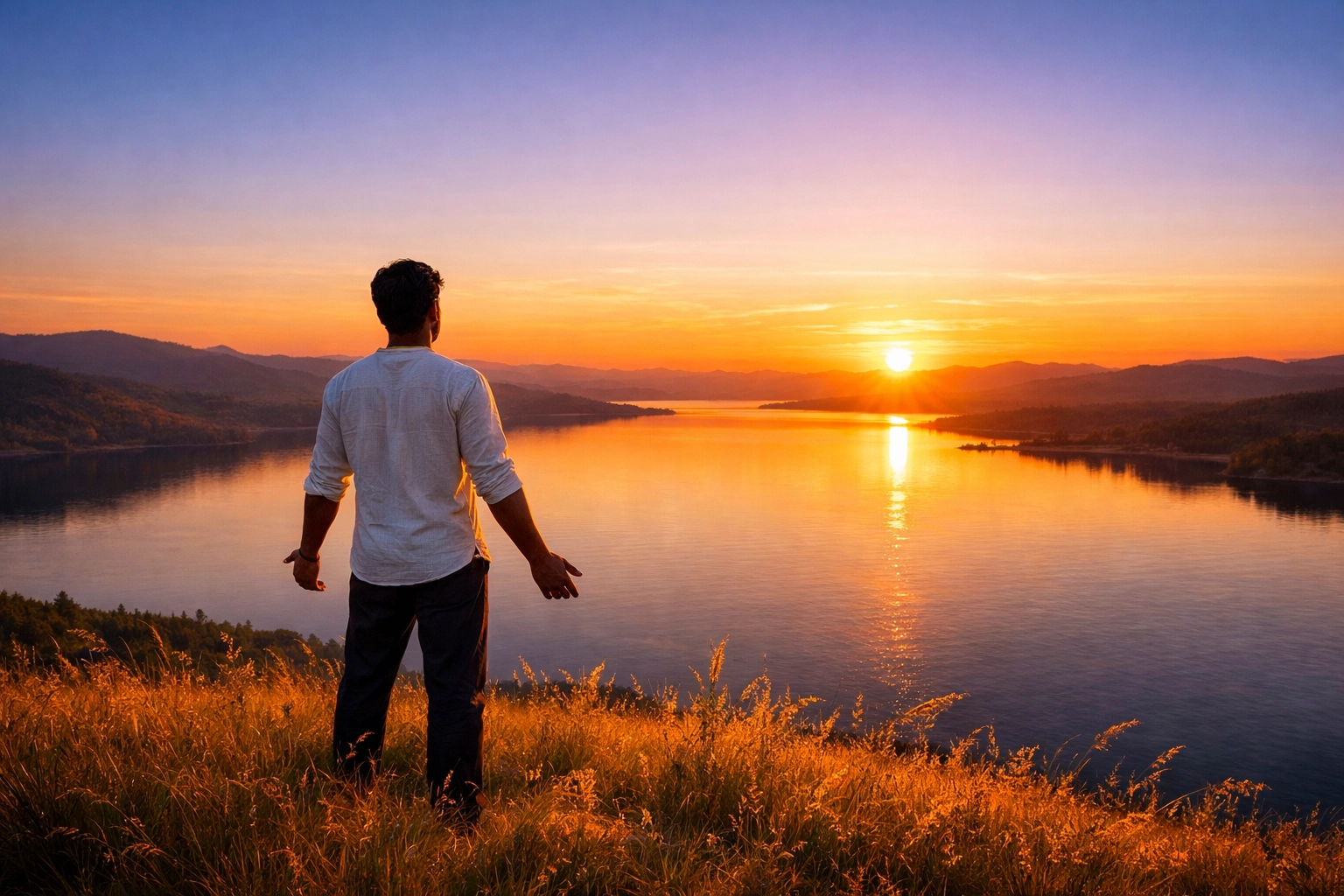A man experiencing the Peace of God through reflection and prayer by a calm lake at sunset.