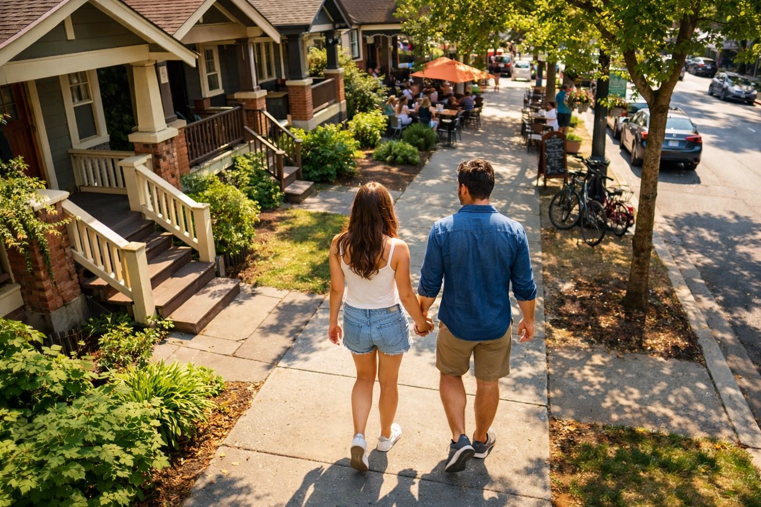 Couple strolling through a walkable Boise neighborhood lined with historic craftsman homes Couple strolling through a walkable Boise neighborhood lined with historic craftsman homes