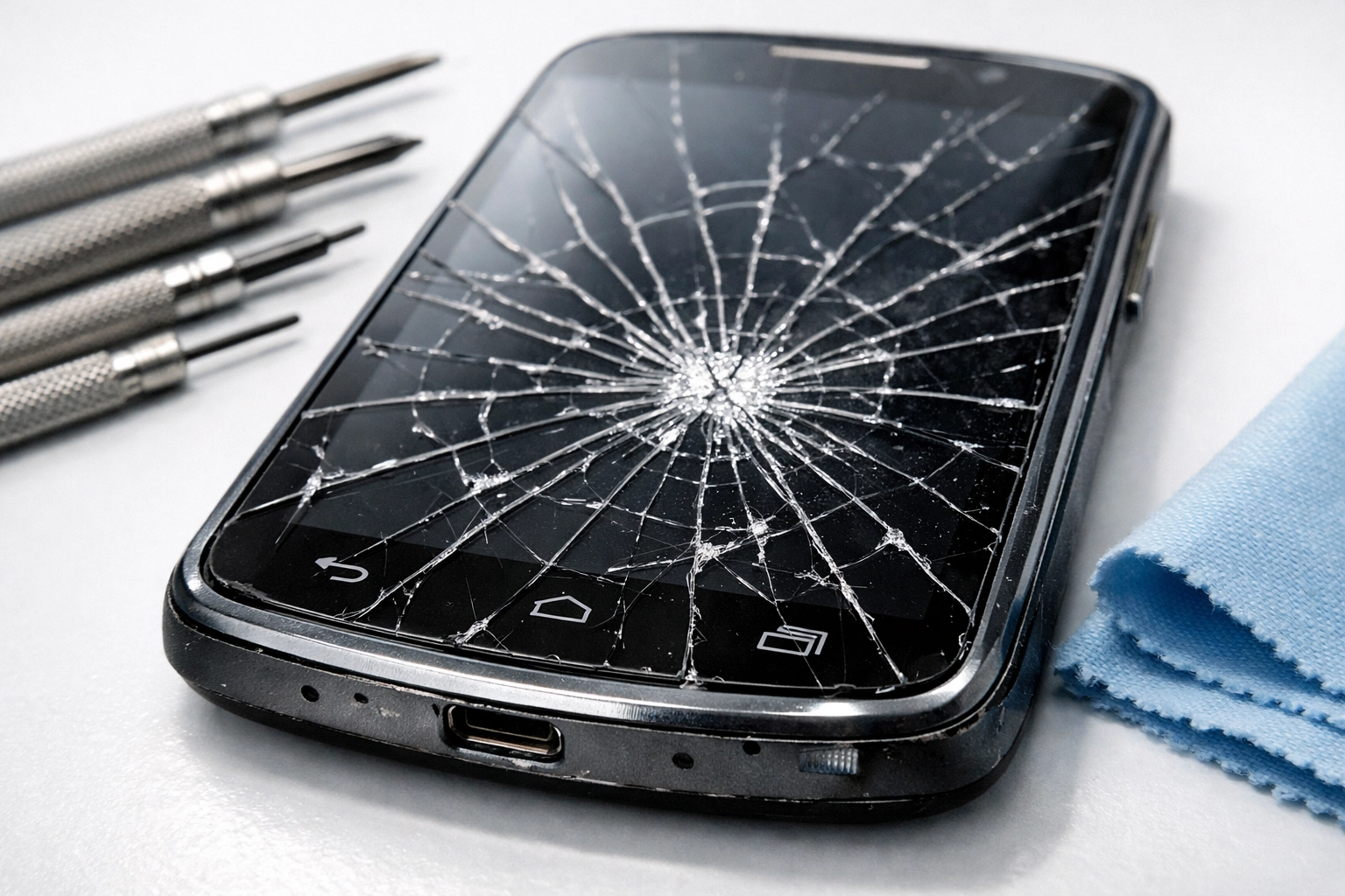 A cracked Android phone screen being inspected for cash value by a professional trade-in service.