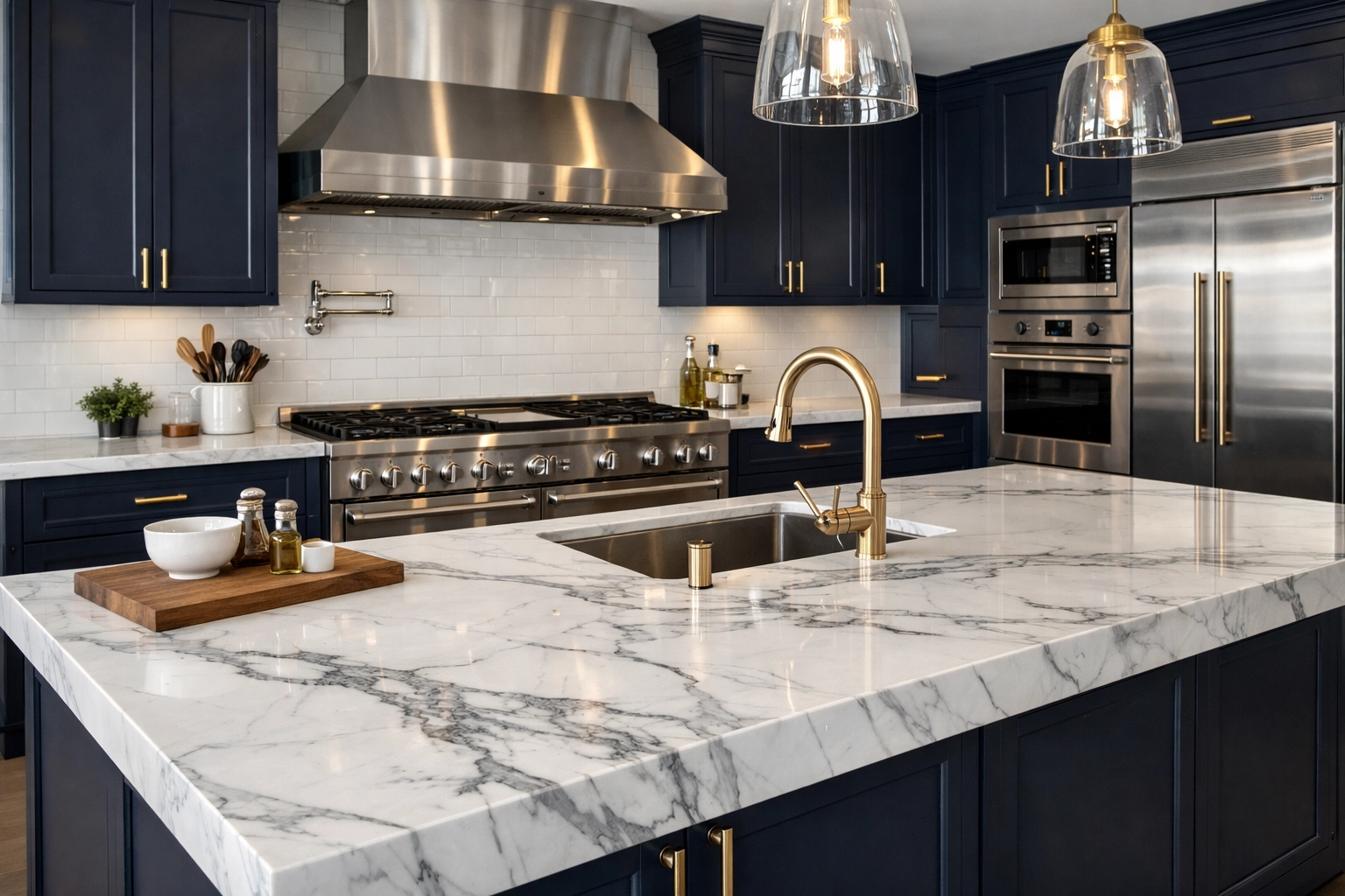 Deep cleaning in Sudbury MA: a sanitized modern kitchen with polished marble and stainless steel.
