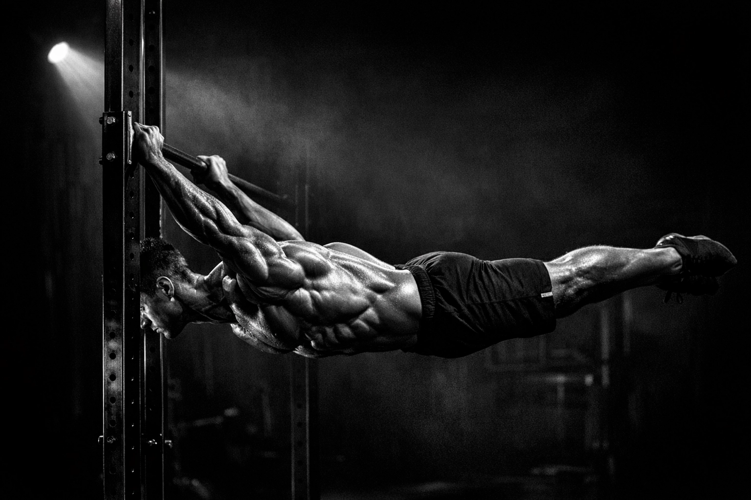 Athlete performing an advanced calisthenics move on a no wall damage home workout system.